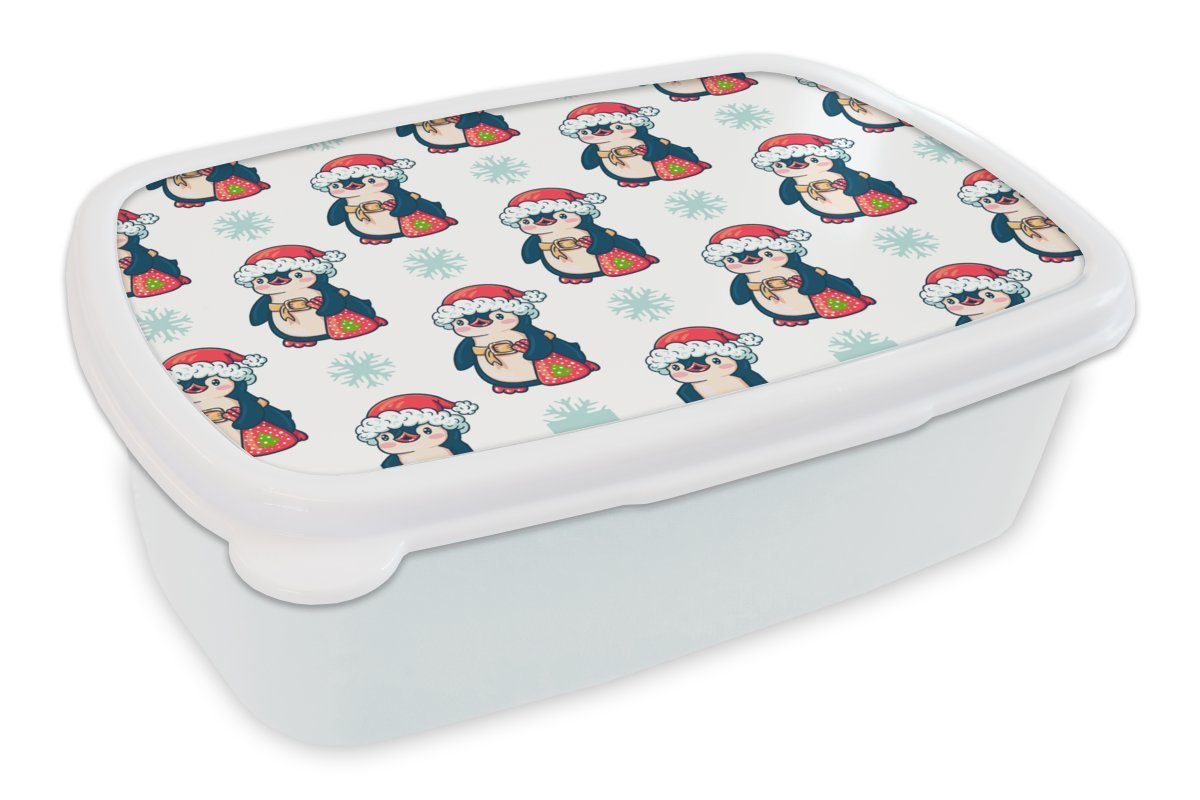 MuchoWow Lunchbox Pinguin - Weihnachtsmannmütze - Kind - Schnittmuster - Weihnachten, Kunststoff, (2-tlg), Brotbox für Kinder und Erwachsene, Brotdose, für Jungs und Mädchen weiß