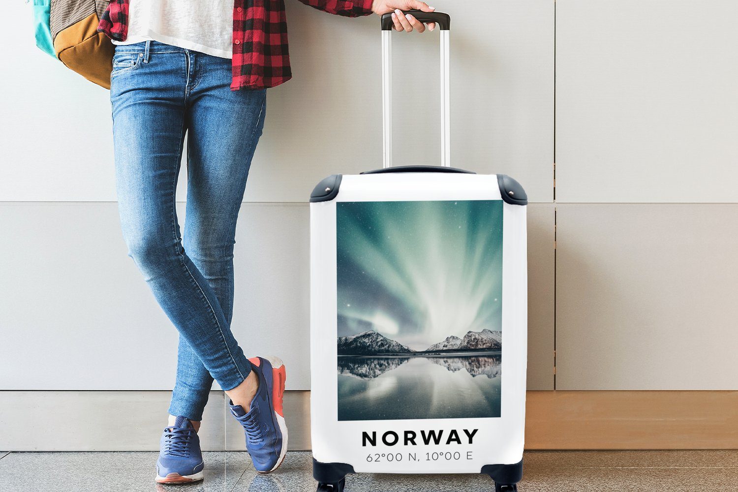 - MuchoWow Norwegen mit Reisetasche Bergen, Trolley, rollen, 4 Nordlichter - Reisekoffer Handgepäckkoffer Handgepäck Ferien, für Rollen,