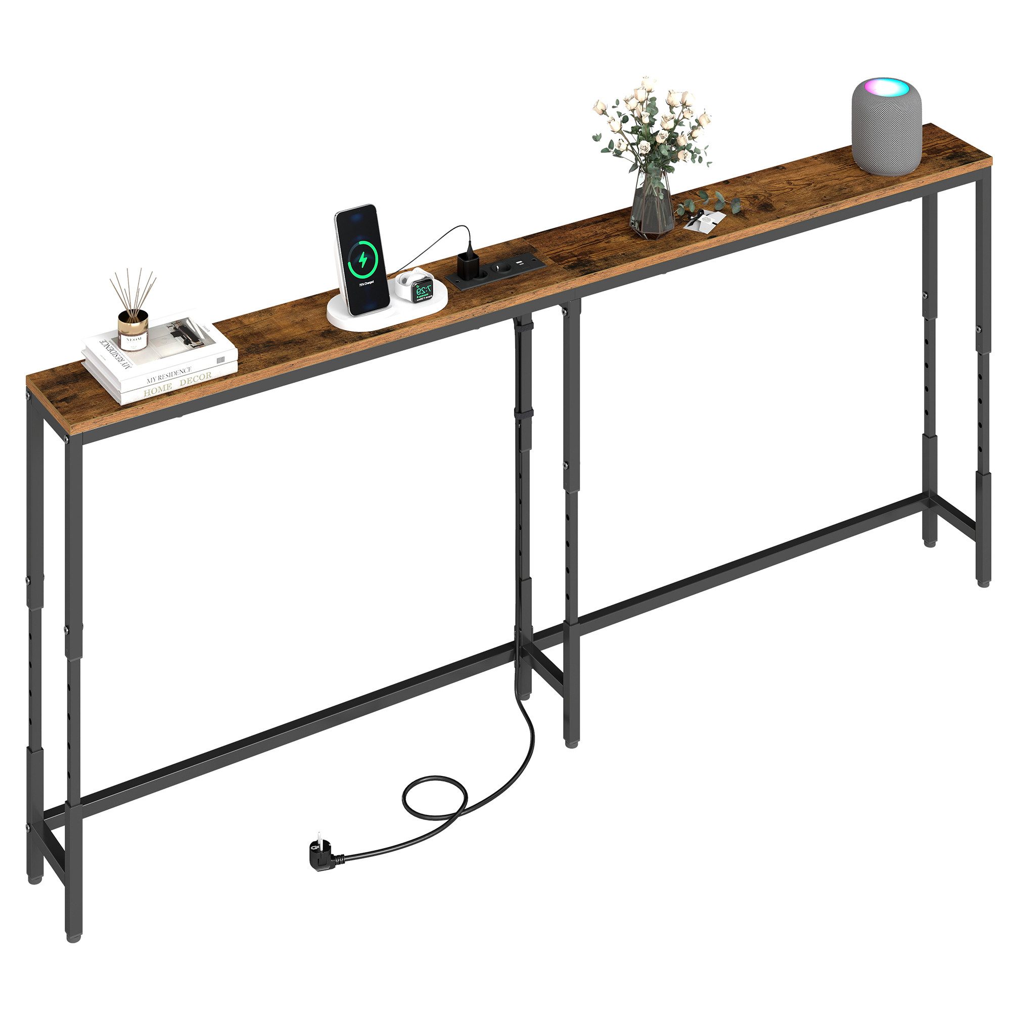 VASAGLE Konsolentisch Höhenverstellbarer Schmaler Sofatisch mit Steckdose, 160 x 15 x (64-89,4) cm, für Wohnzimmer