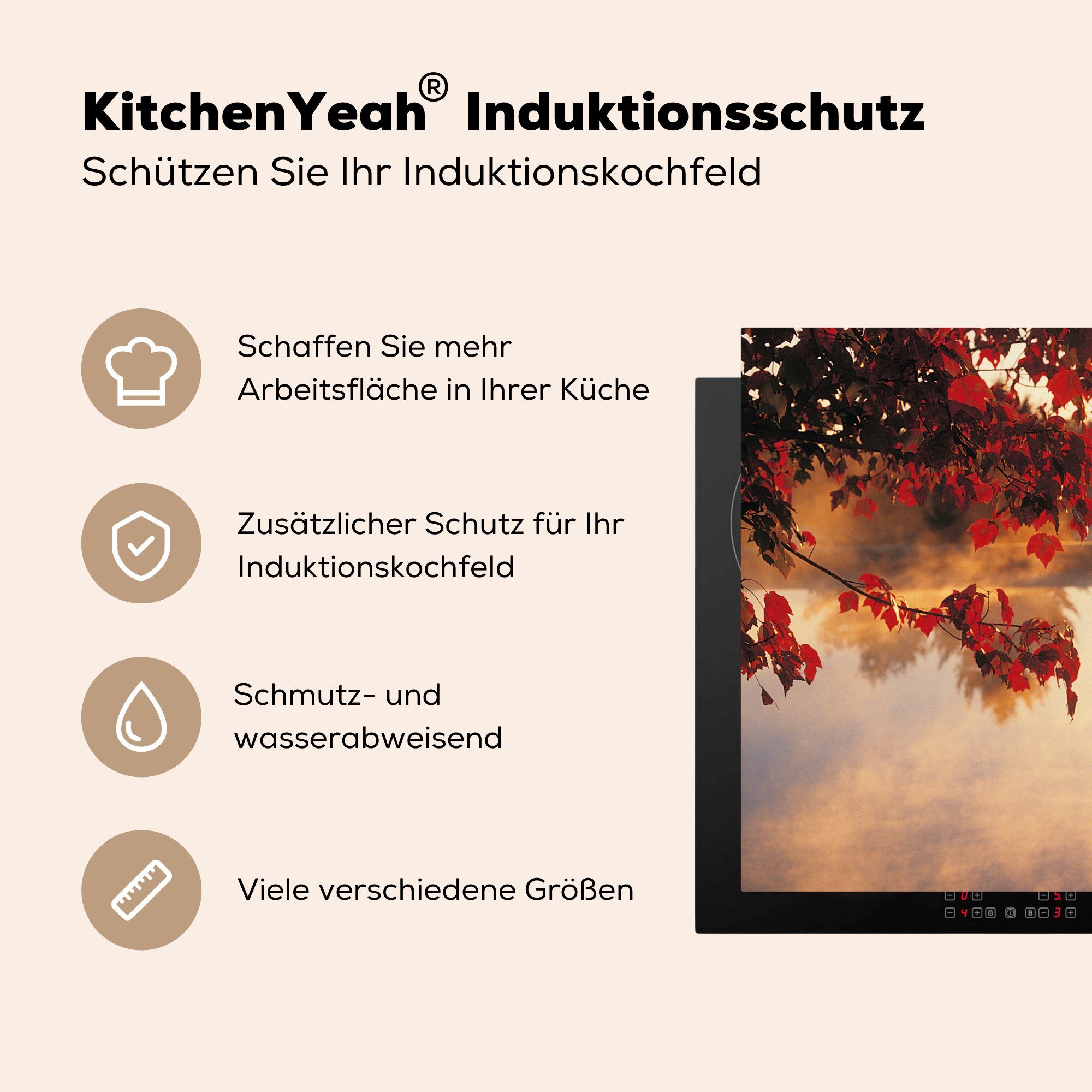 MuchoWow Herdblende-/Abdeckplatte Baum - tlg), die Vinyl, Schutz Ceranfeldabdeckung für (1 cm, - Rot küche, Herbst, 81x52 Induktionskochfeld