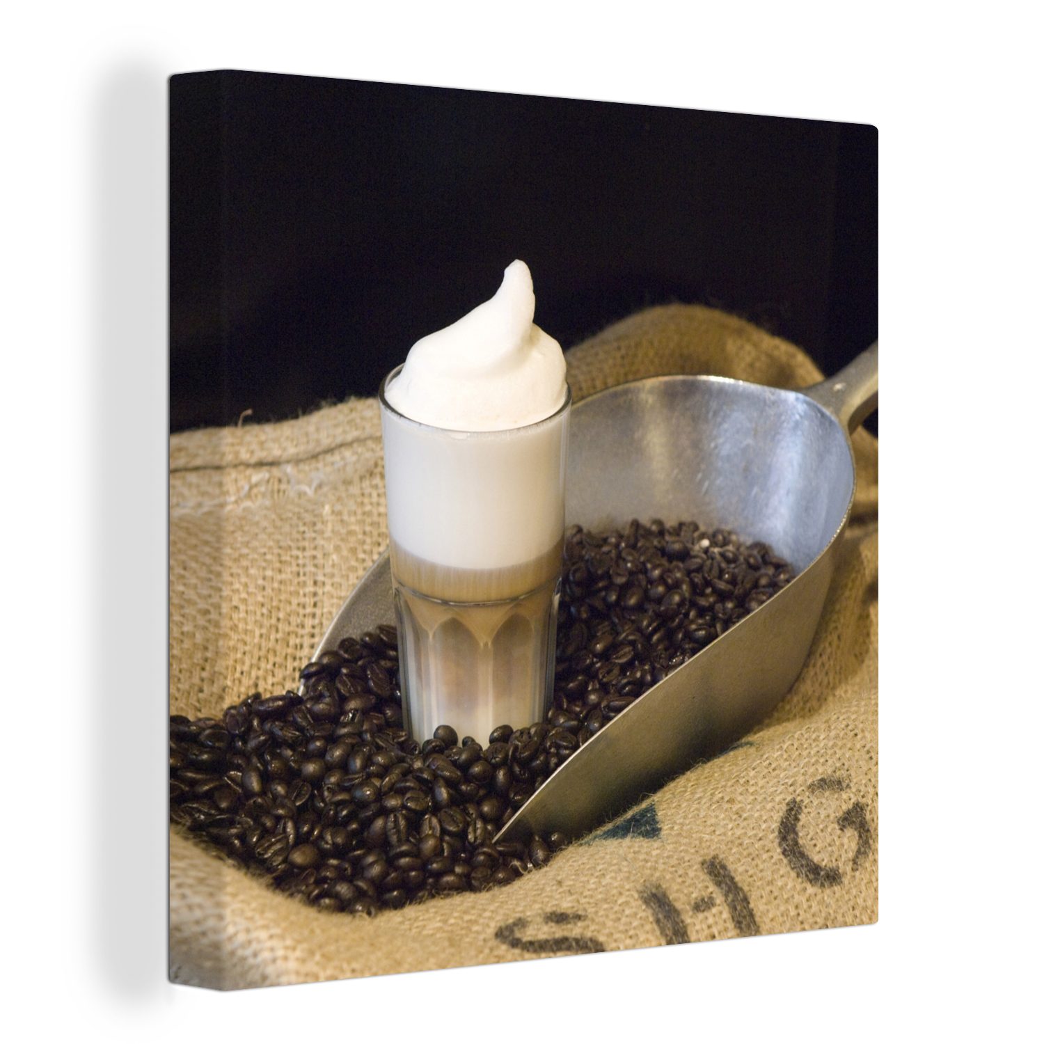 OneMillionCanvasses® Leinwandbild Latte macchiato mit Bohnenkaffee, (1 St), Leinwand Bilder für Wohnzimmer Schlafzimmer