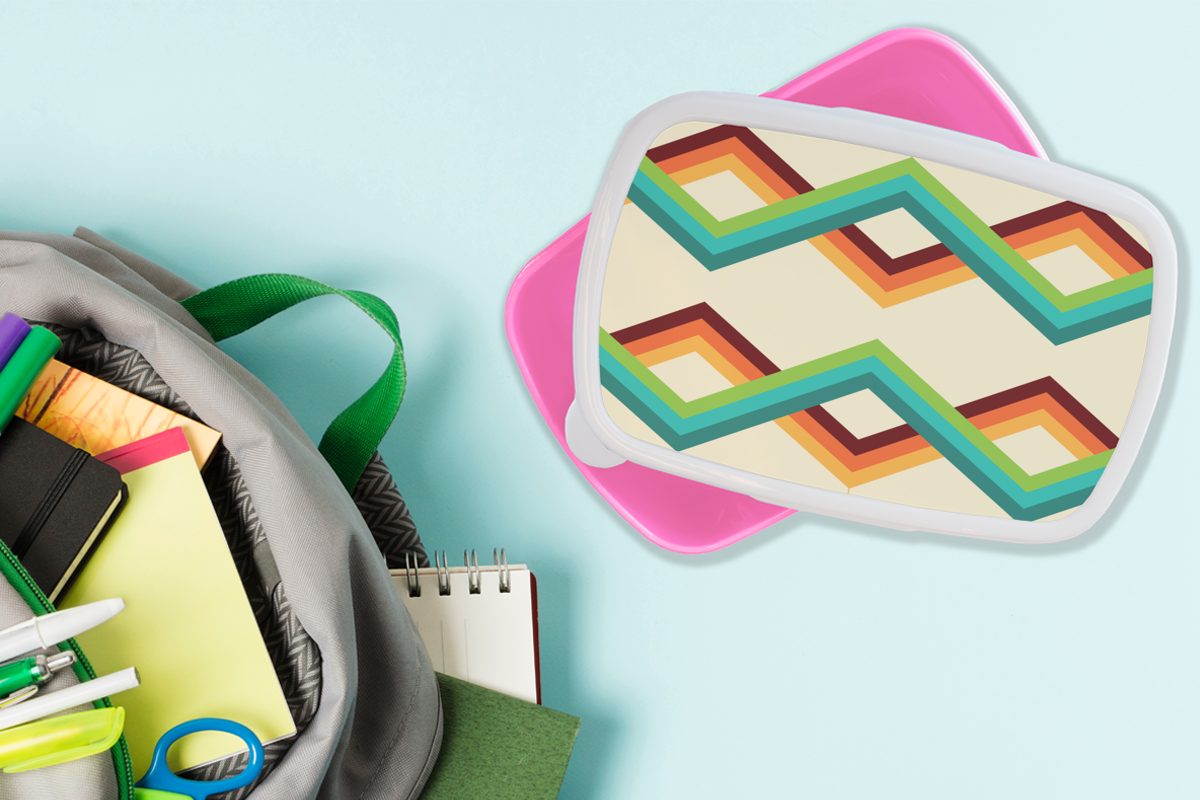 MuchoWow Lunchbox Streifen Kunststoff, - Brotbox Kinder, Siebziger rosa Kunststoff für Mädchen, Snackbox, - Jahre, Brotdose - Retro Design (2-tlg), Erwachsene
