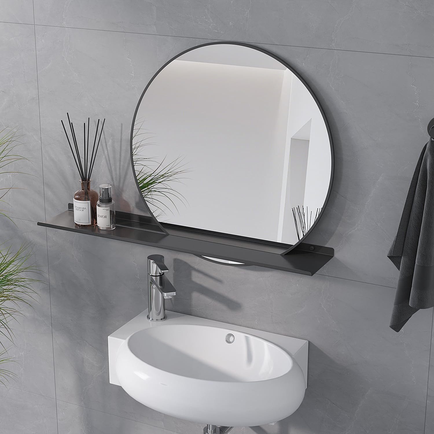 AQUALAVOS Badspiegel Runder Badspiegel 50 cm Deko Wandspiegel mit Ablage Schwarz Rahmen, Praktisch und stilvoll – für Flur, Bad, Waschtisch oder Schlafzimmer