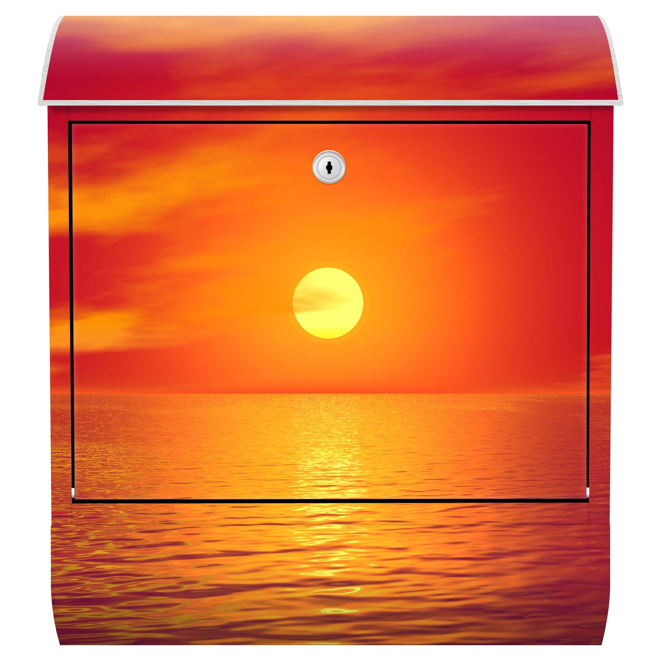 Bilderdepot24 Briefkasten Wandbriefkasten mit Zeitungsfach Leuchtender Sonnenuntergang am Meer (inkl. Zeitungsrolle und 3 Schlüssel), Motivdruck, wetterfest, UV-beständig, abschließbar, 46x39x13 cm