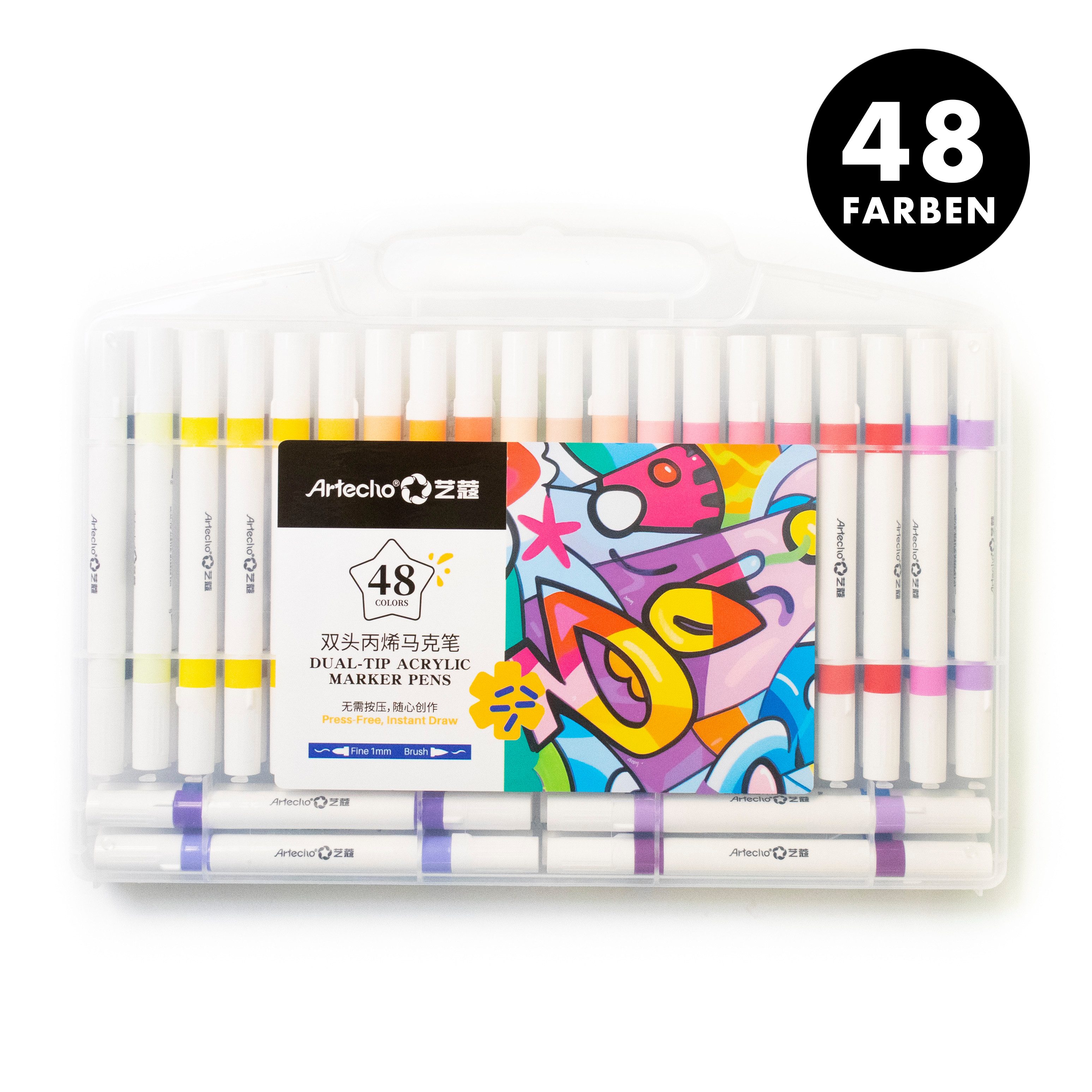 Artecho Marker Doppelspitze Acrylstifte Set– 24/48 Farben,mit Feiner & Breiter Spitze, Wasserfest, Acrylmarker für DIY, Glas, Stein, Holz & Leinwand