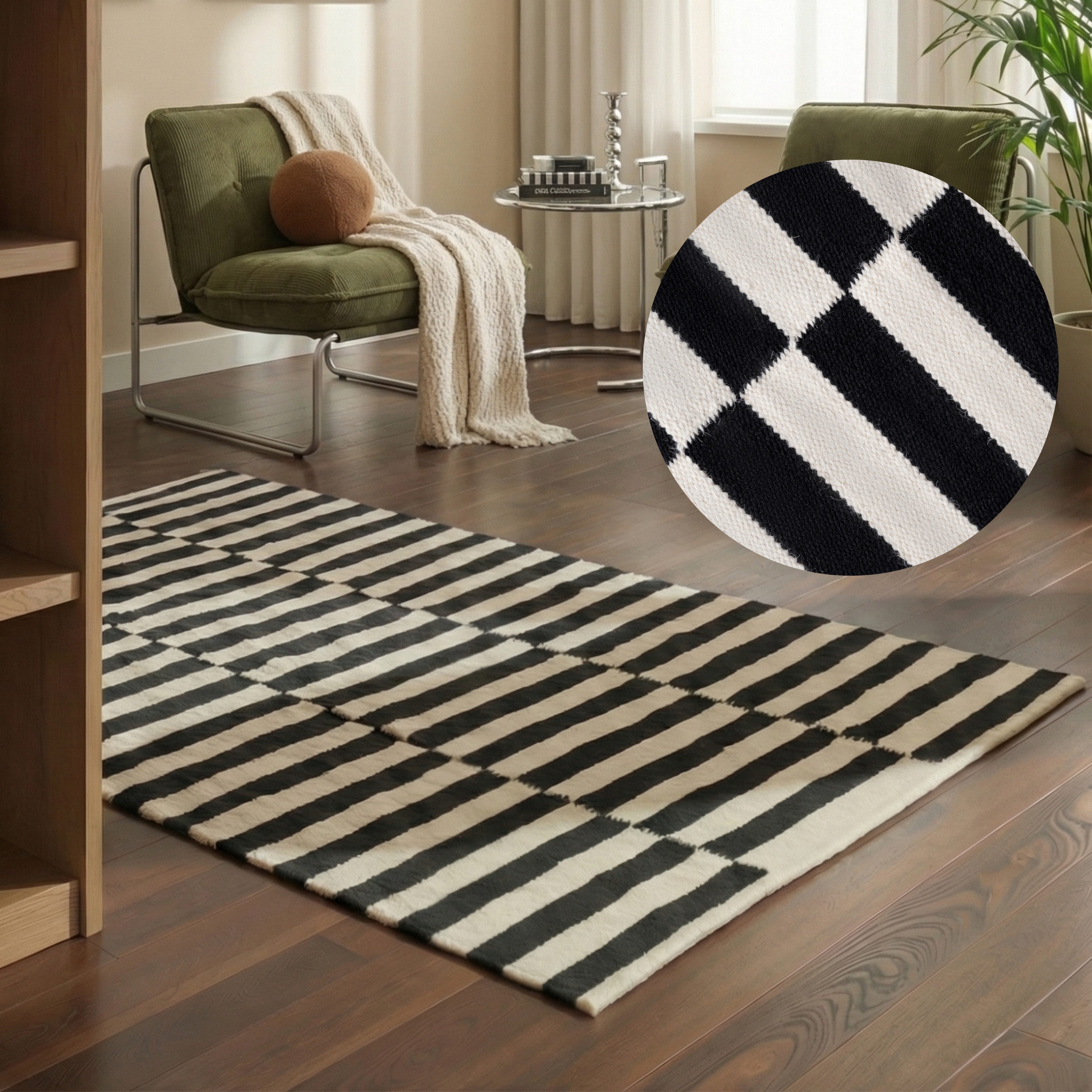 HANSE Home Wollteppich Vika, schwarz-weiss, rechteckig, Höhe: 5 mm, Handgewebt, Wolle, Natur, Läufer, Wohnzimmer, Schlafzimmer, Streifen