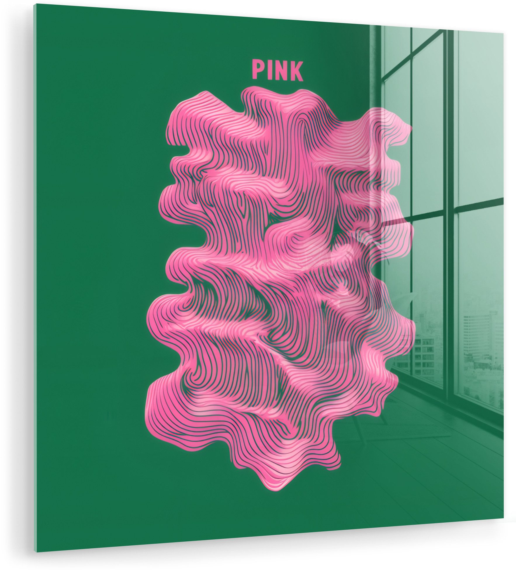 MuchoWow Acrylglasbild Abstrakt - Rosa - Linien - Grün, Inkl. Aufhängung, Bilder auf Glas Wandbild, Wanddeko Wohnzimmer Badezimmer, 20x20 cm