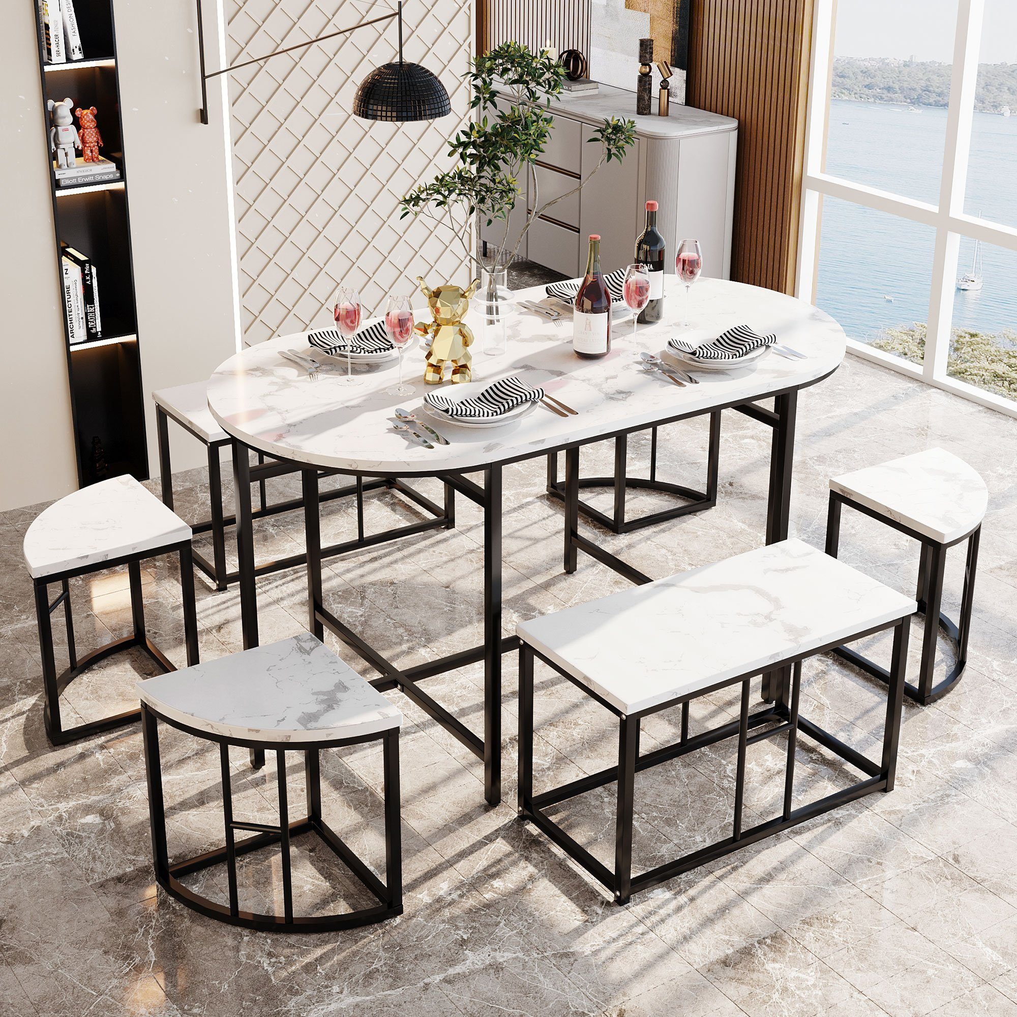 SOFTWEARY Esstisch Essgruppe inkl. Tisch, 4 Hocker und 2 Sitzbänke (Esstisch-Set, 7-St), Küchentisch, Esszimmergruppe schwarz | schwarz