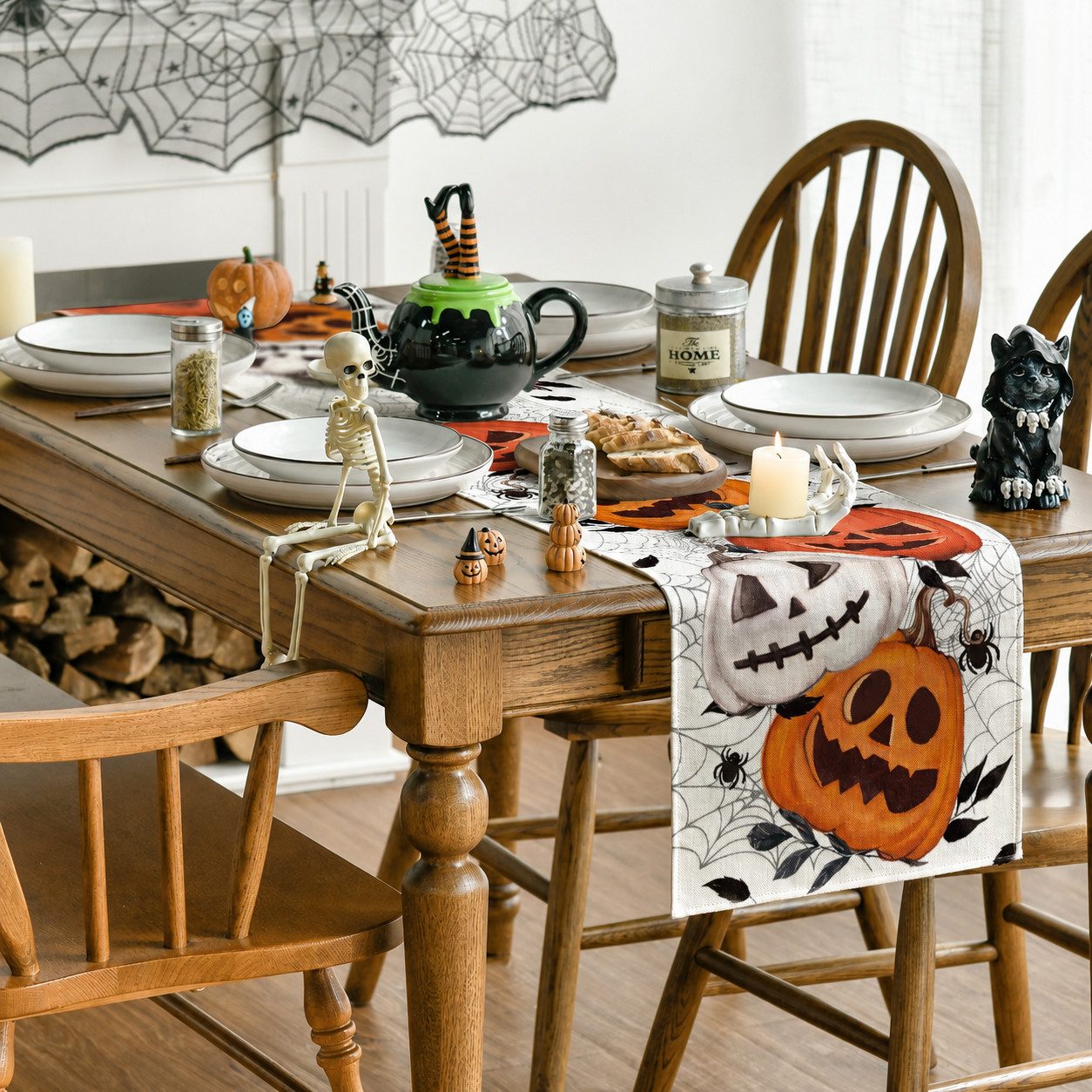 Sorvyzxn Tischläufer Halloween Tischläufer 33 × 183 cm, Spinnennetz & Kürbis Motiv, Für Esstisch, Küche, Herbst & Halloween Deko