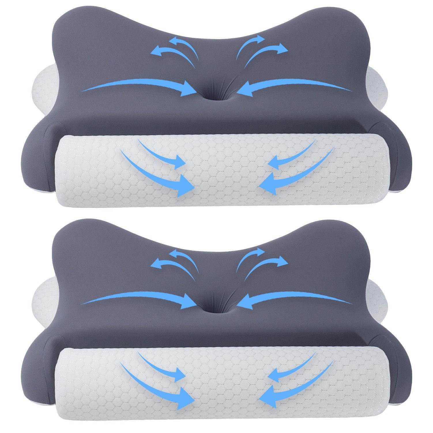 Esun Nackenstützkissen Kopfkissen, 2 in 1 Nackenstützkissen, Ergonomisches Schlafkissen, Füllung: Kissenbezug besteht aus 18% Elasthan und 82% Nylon, Ruckenschlafer, Bauchschlafer, Seitenschlafer, Set, Kissen vom OEKO-TEX® und CertiPUR Getestet, für Seite