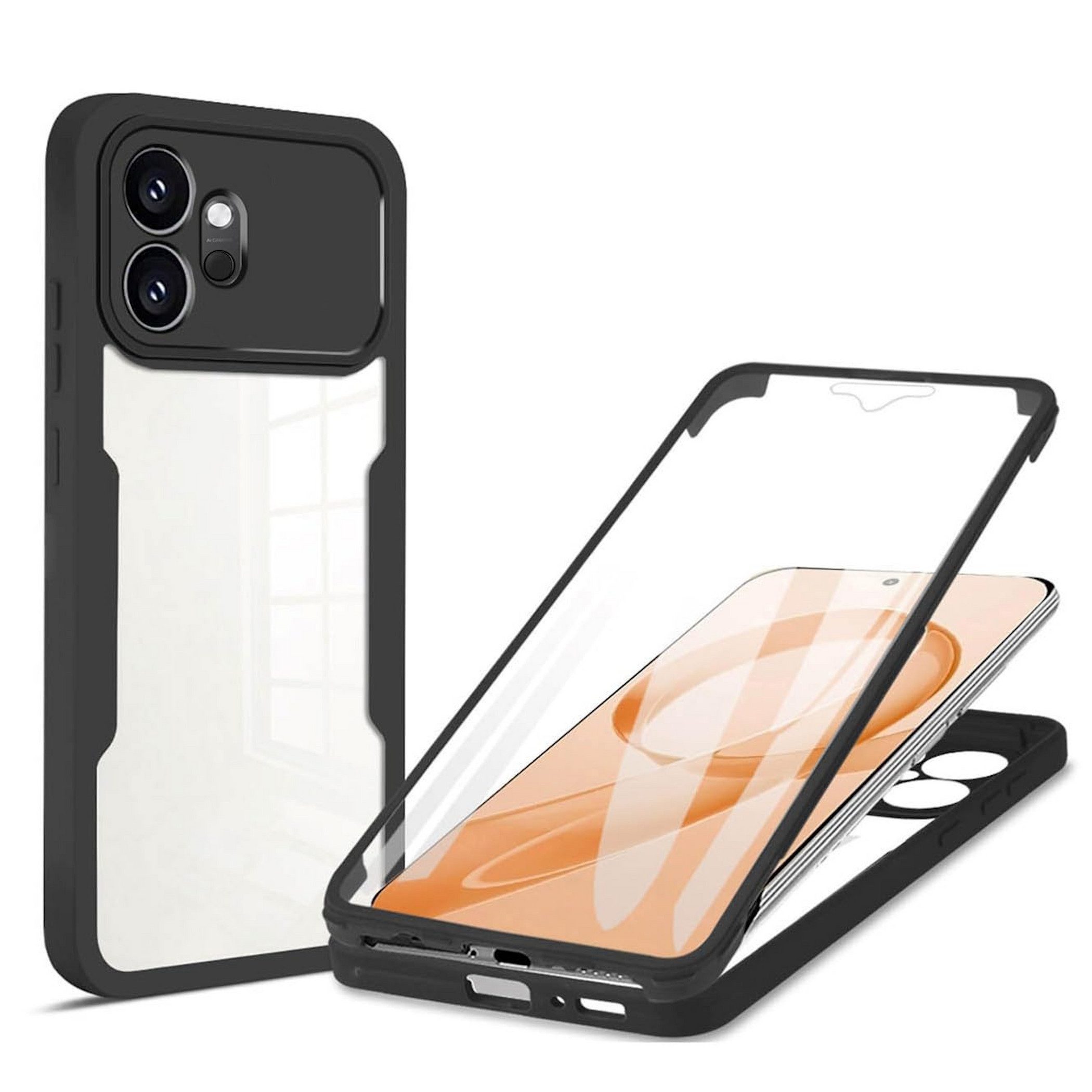 Wigento Handyhülle 360 Grad Kunststoff für Honor 600 mit Display & Kameraschutz Schwarz, 360 Grad Schutz, stoßdämpfend, robust