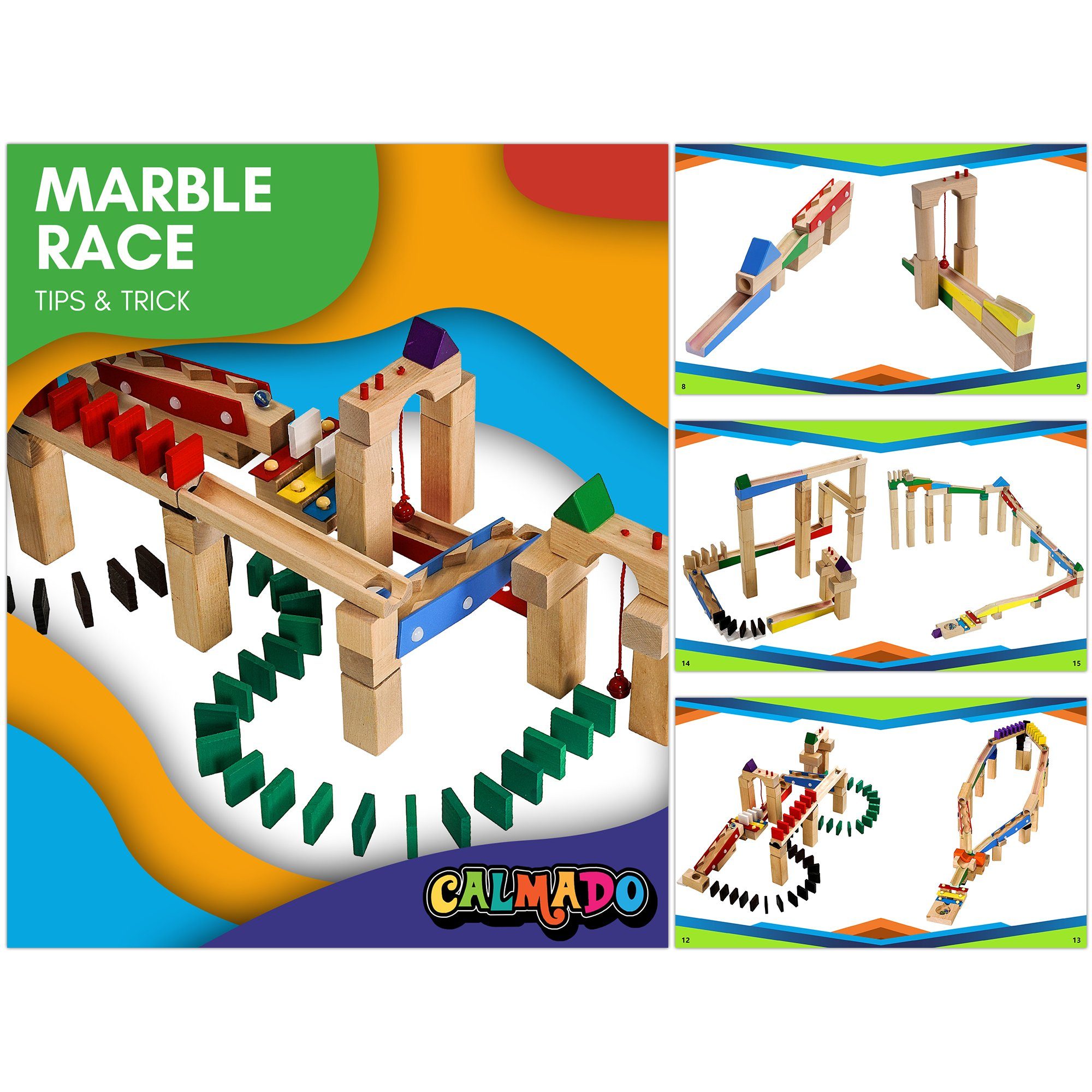 Calmado Kugelbahn Dominosteine Set, Domino Steine Spiel aus Holz im Set ink. Tasche