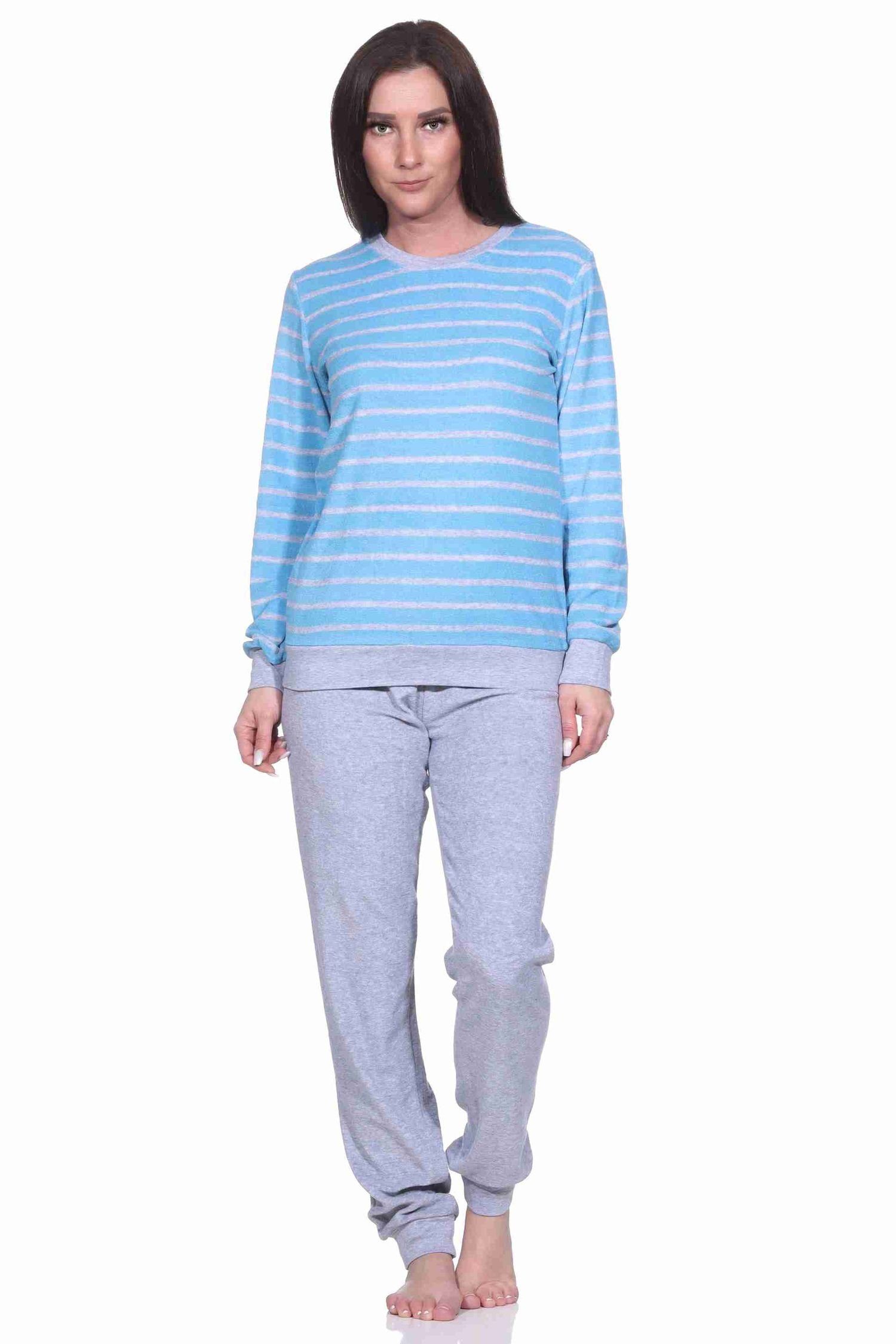 Normann Pyjama Damen Frottee Pyjama langarm mit Bündchen in Streifenoptik hellblau