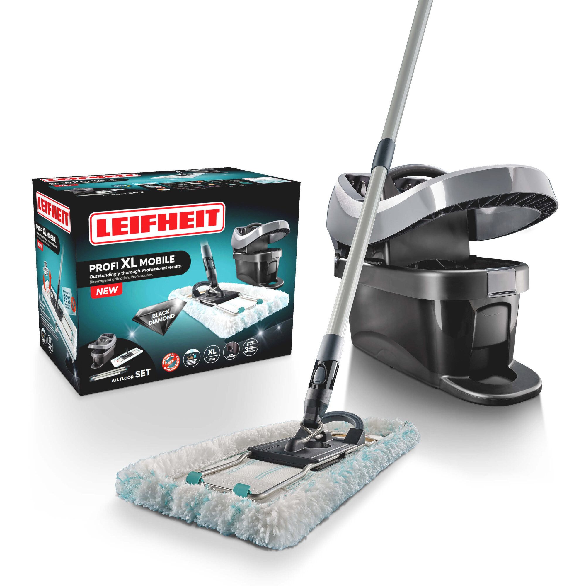 Leifheit Bodenwischer-Set Set Wischtuchpresse Profi XL Black mit Rollen und Bodenwischer, (4-St), Black-Edition, waschbarer Bezug, 42 cm Wischbreite, 360° Drehgelenk