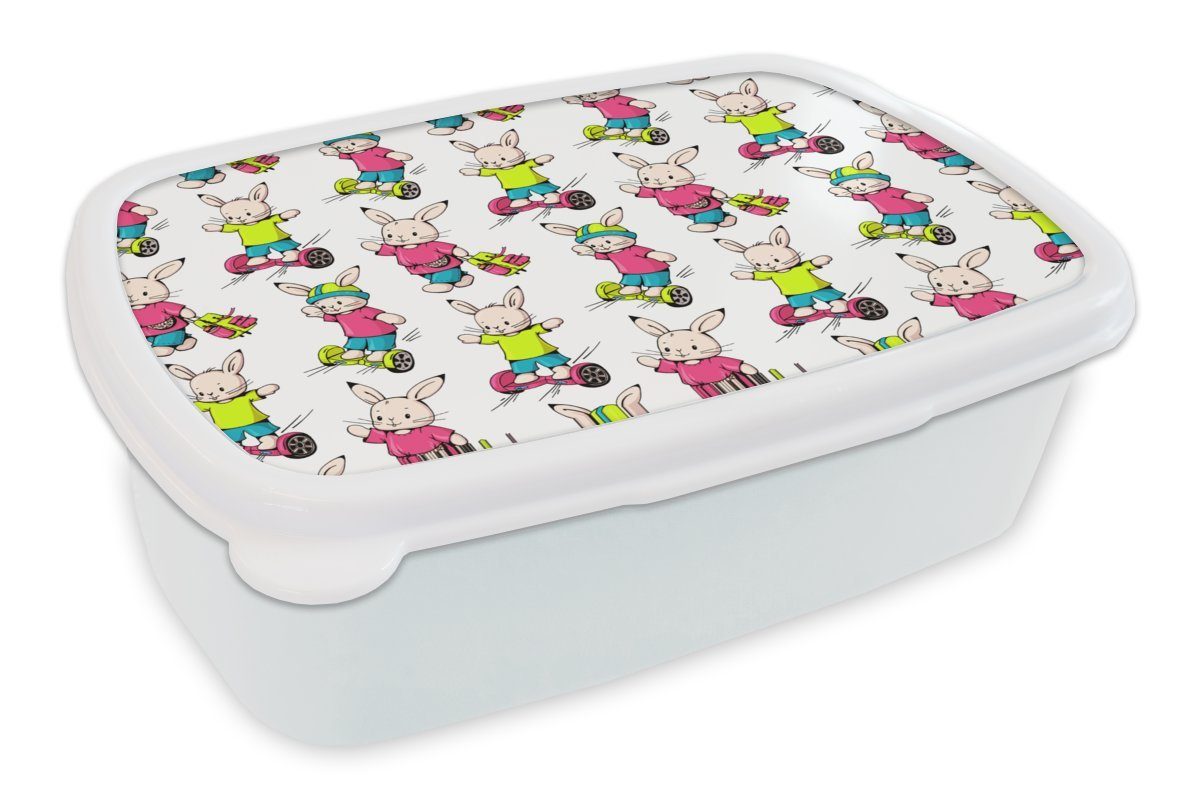 MuchoWow Lunchbox Schule - Kaninchen - Tiere - Kinder - Muster, Kunststoff, (2-tlg), Brotbox für Kinder und Erwachsene, Brotdose, für Jungs und Mädchen weiß