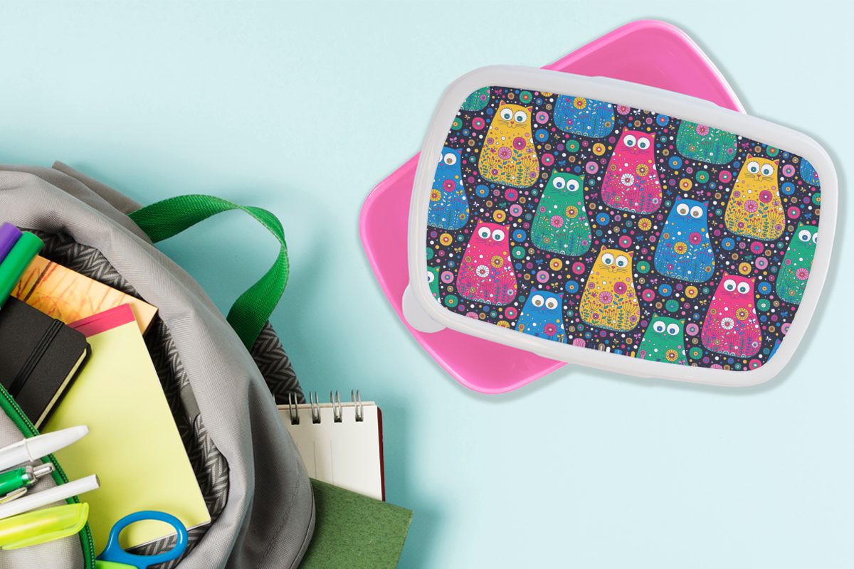 Regenbogen Katze Snackbox, Erwachsene, - Brotbox Mädchen, - rosa (2-tlg), Brotdose Lunchbox Kunststoff, MuchoWow Kunststoff Kinder, Blumen, für