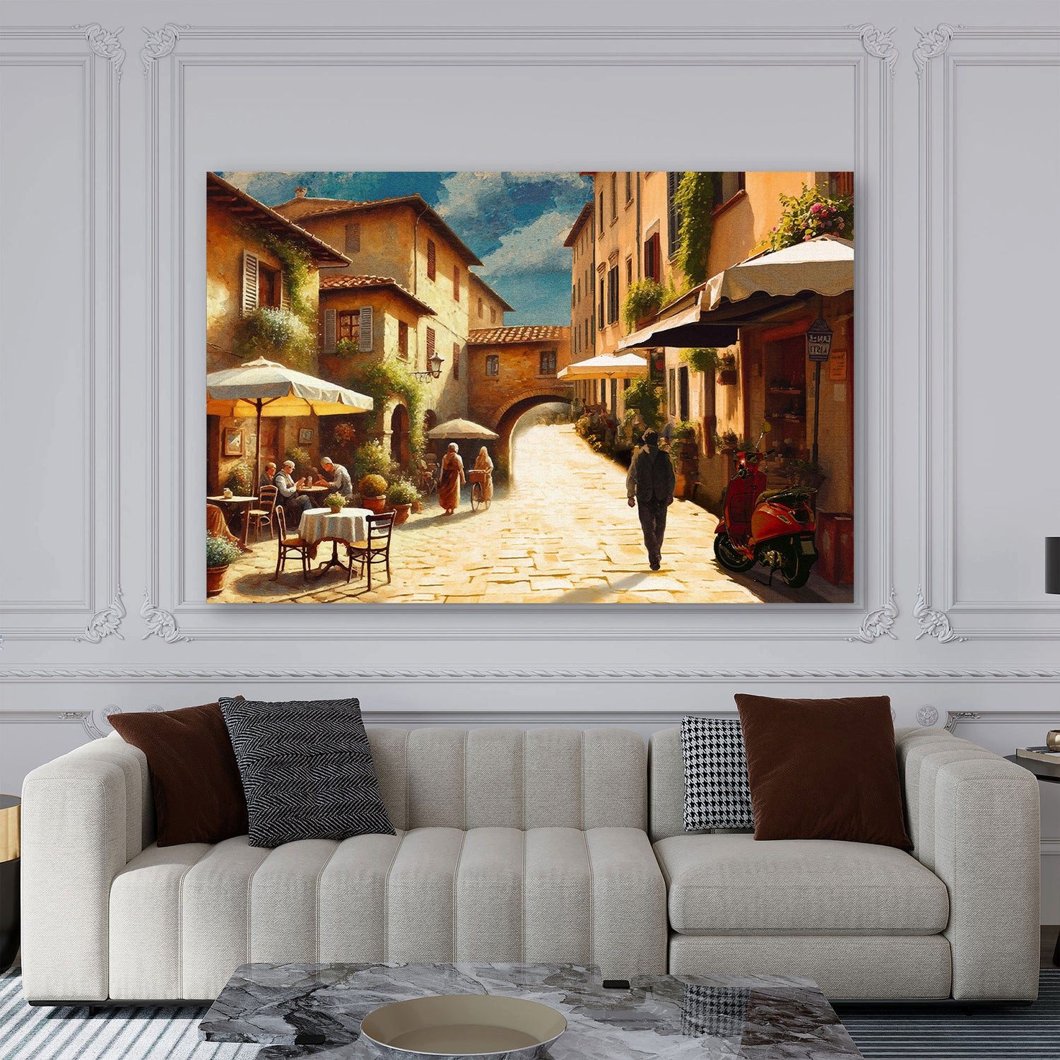 Artedinoi Leinwandbild Italienische Gasse Café mediterran Leinwandbild Wandbild XXL Deko, Italienische Gasse mit Café