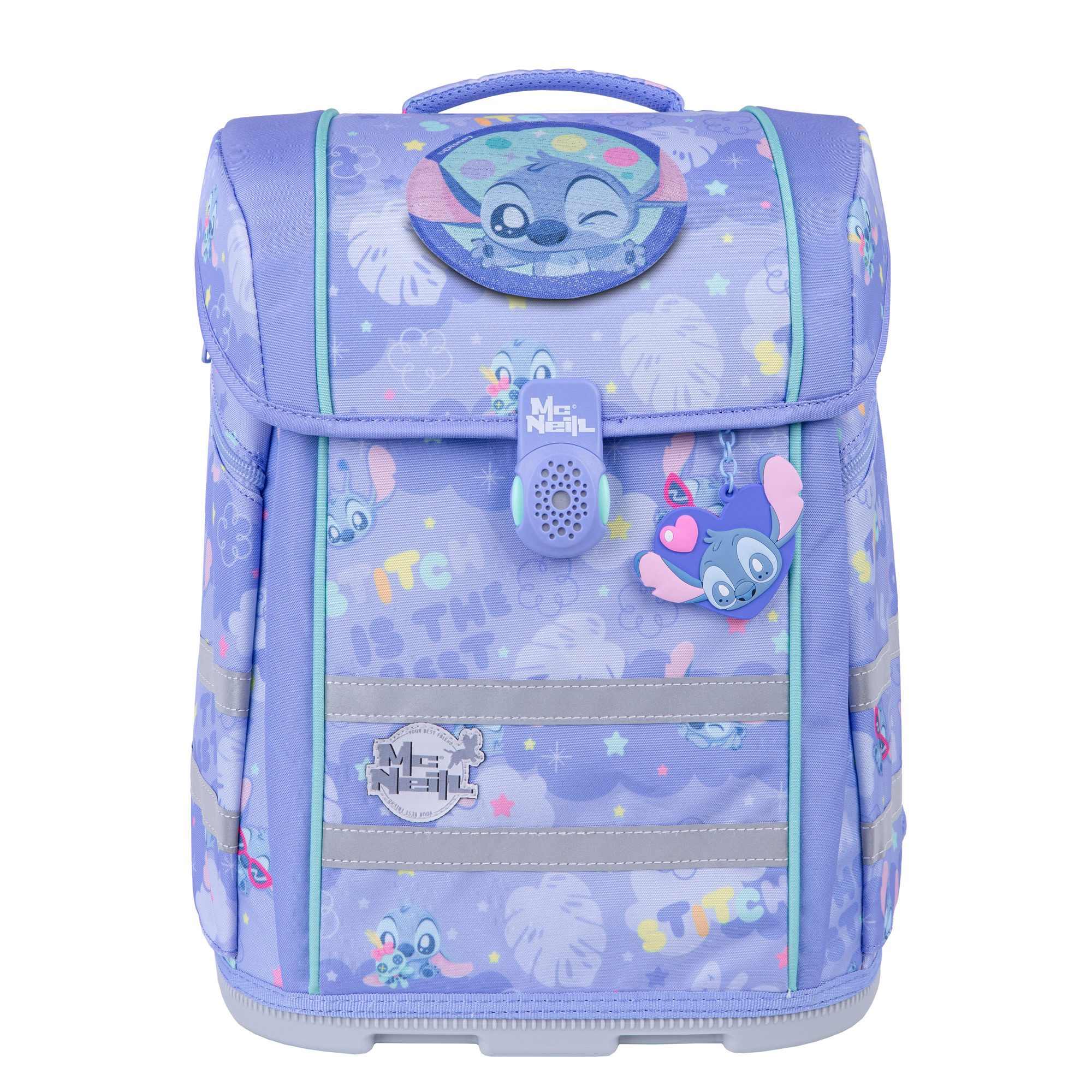 McNeill Schulranzen Perfecto Stitch 5tlg. Disney Schulranzen ergonomisch ClickFlex (Spar-Set, Sportbeutel, Magnet & Anhänger, Schlampermappe, Federmappen befüllt), ClickFlex Rückensystem, mitwachsend, ergonomisch