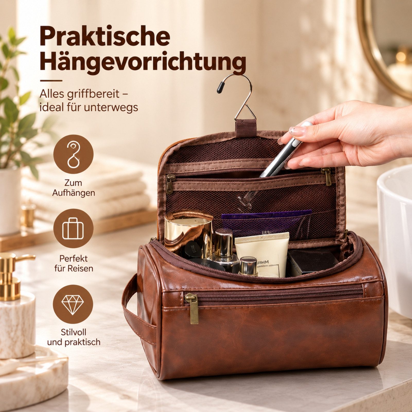 Jumpeak Kulturbeutel kulturtasche damen,kulturtasche damen gross,kulturbeutel herren, PU-Leder, dreifaches Lederdesign,kulturbeutel damen,Brauner – Bild 3 von 5