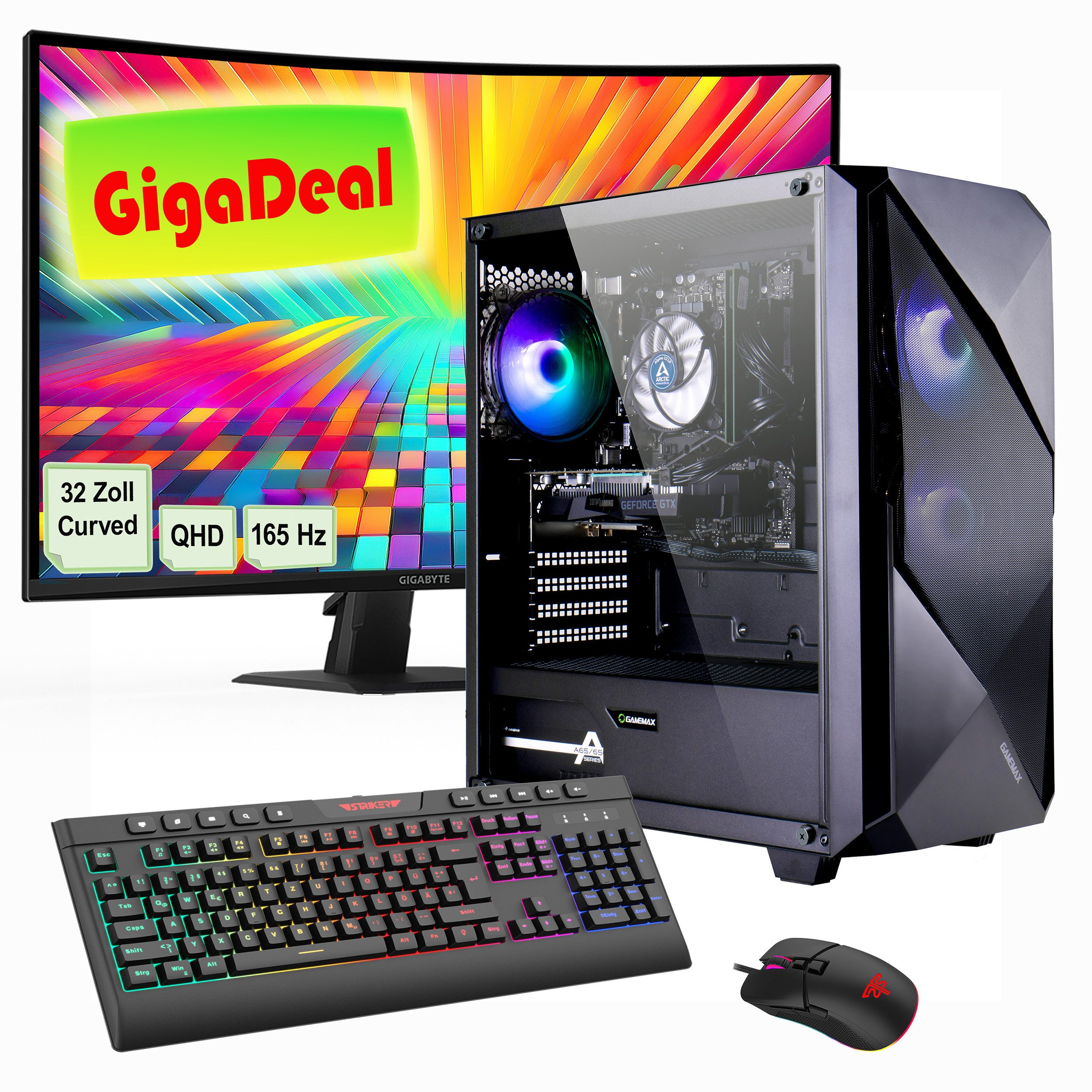 GAMEMAX GigaDeal Gaming-PC-Set Striker PC-Komplettsystem (32", AMD Ryzen 7 9700X, GeForce RTX 5060 Ti, 32 GB RAM, 1000 GB SSD, Windows 11, DDR5 RAM + Gigabyte GS32QC LED-Monitor Curved, 80 cm (32)