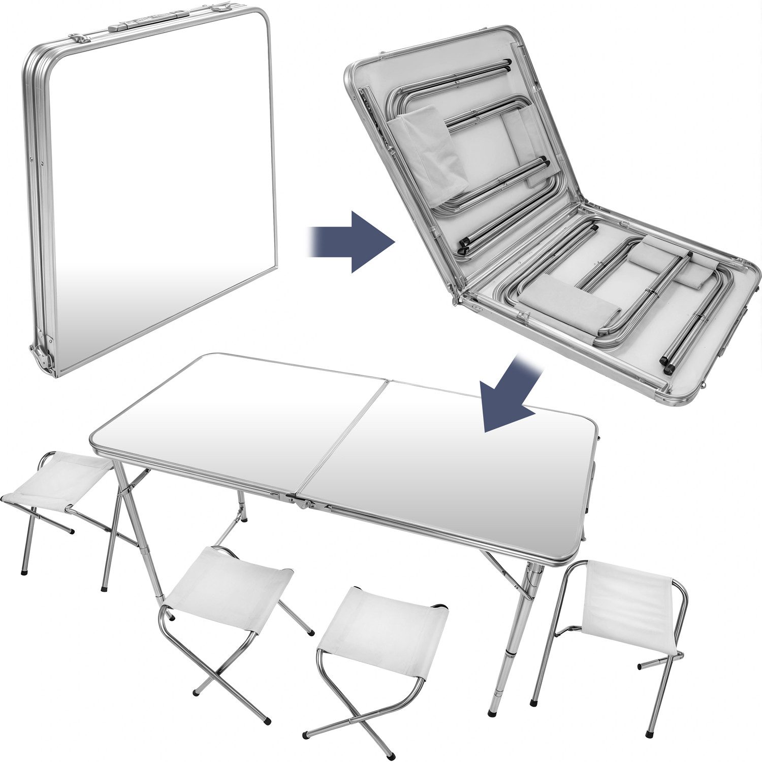 Goods+Gadgets Klapptisch Klapptisch-Set mit 4 Stühlen –Klappbarer Campingtisch & Mehrzwecktisch (Mehrzwecktisch, Campingtisch Markttisch), Multifunktionstisch mit 4 Stühlen - Weiß