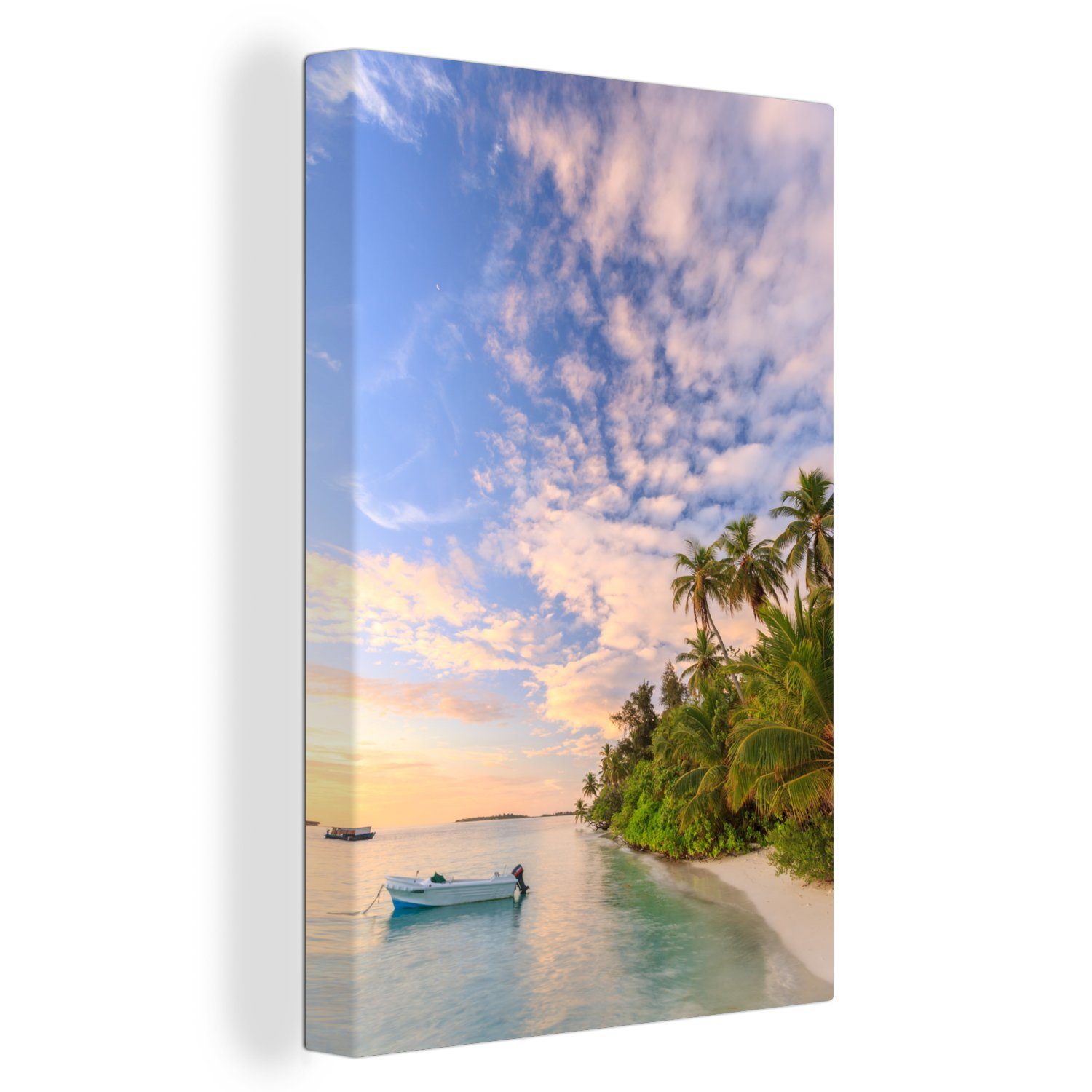 Zackenaufhänger, über 20x30 einem fertig Malediven, Sonnenuntergang (1 den auf inkl. Strand cm Gemälde, bespannt Leinwandbild St), Leinwandbild OneMillionCanvasses®