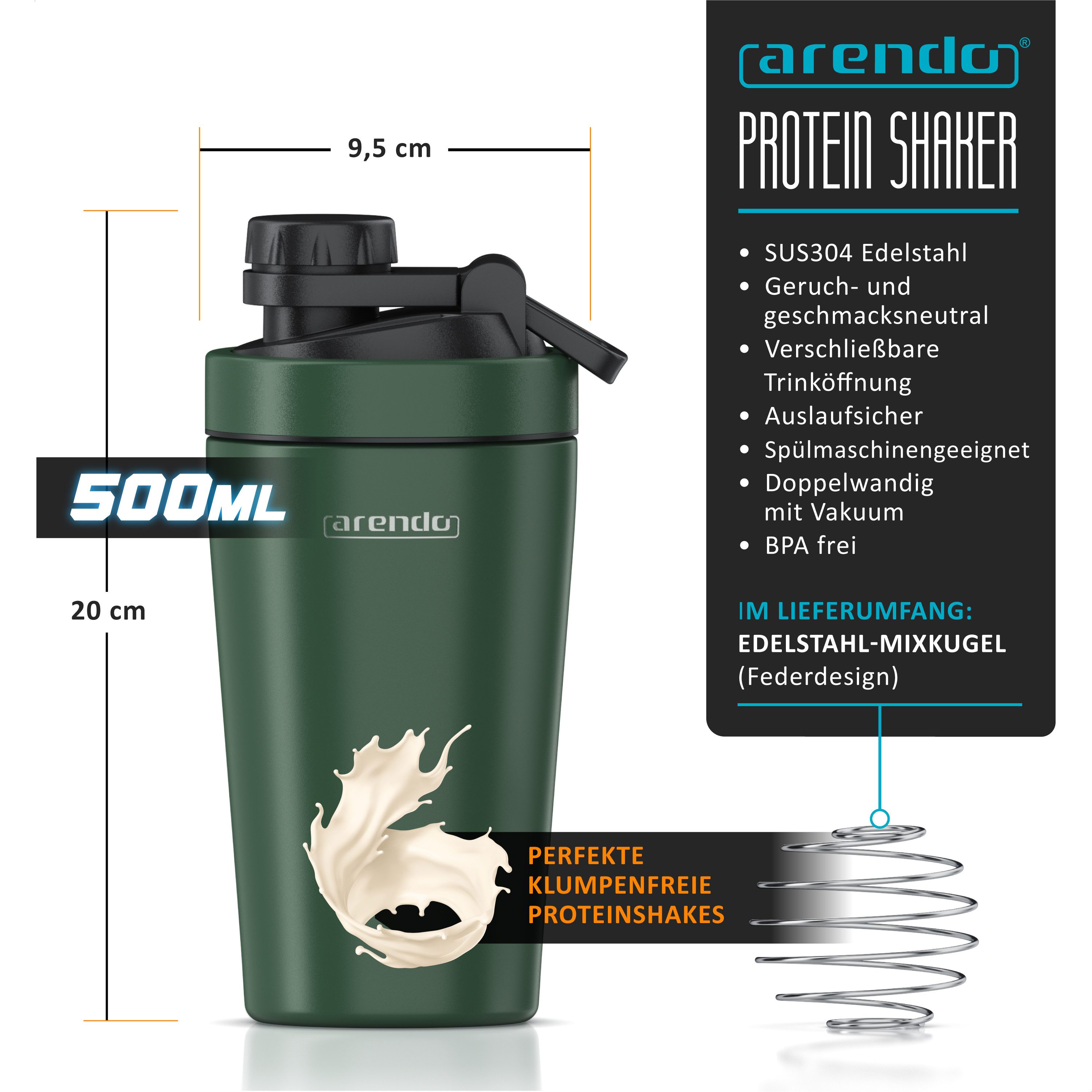Arendo Protein Shaker Edelstahl Eiweißshaker 500 ml, verschließbar, bruchfest, BPA-frei, Edelstahl, auslaufsicher, spülmaschinengeeignet, mit Tragegriff und Mixball