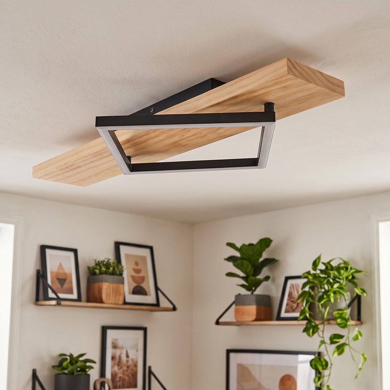 hofstein Deckenleuchte Deckenlampe aus Metall/Holz/Kunststoff in Naturfarben/Schwarz/Weiß, ohne Leuchtmittel, 3000 Kelvin, Leuchte im modernen Design, 13 Watt, 1750 Lumen, 3000 Kelvin