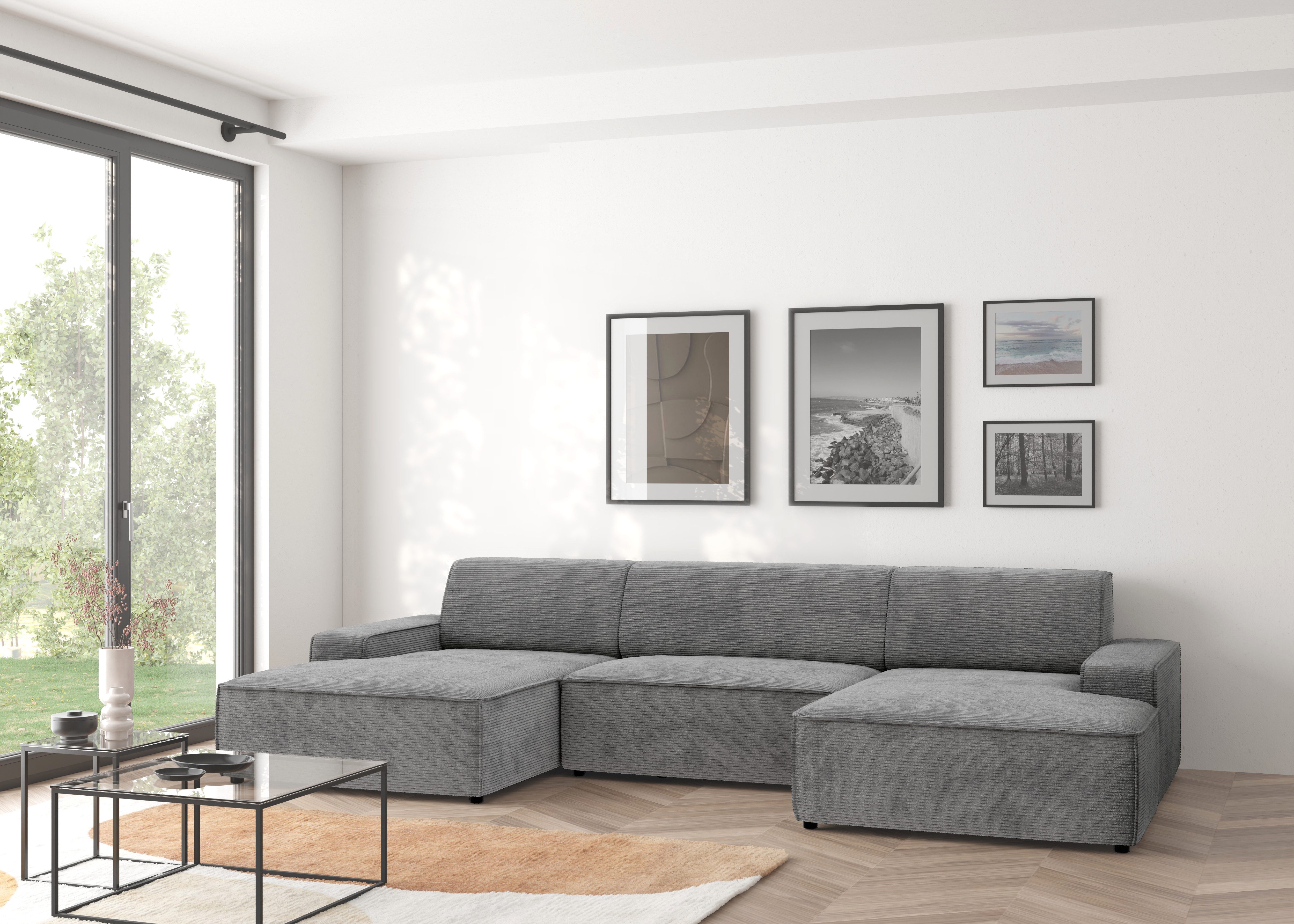 TRENDMANUFAKTUR Wohnlandschaft Graz, wahlweise mit Sitzvorschub und Bettkasten, U-Form, Breite 329 cm, in Cord-, haustierfreundlichem LEO Struktur- oder LUMOS-3D-Bezug