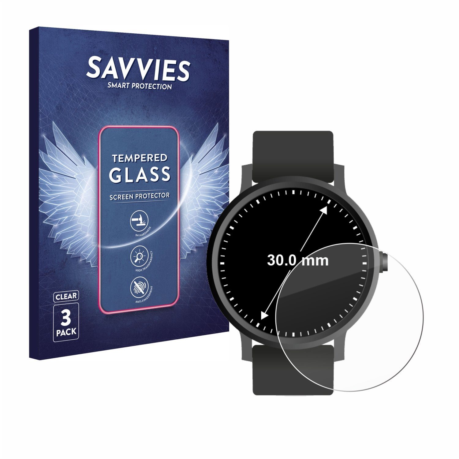 Savvies Displayschutzglas Schutzglas für Armbanduhren (Kreisrund, ø: 30 mm), 3 Stück, Displayschutz 9H Glas Klar Transparent