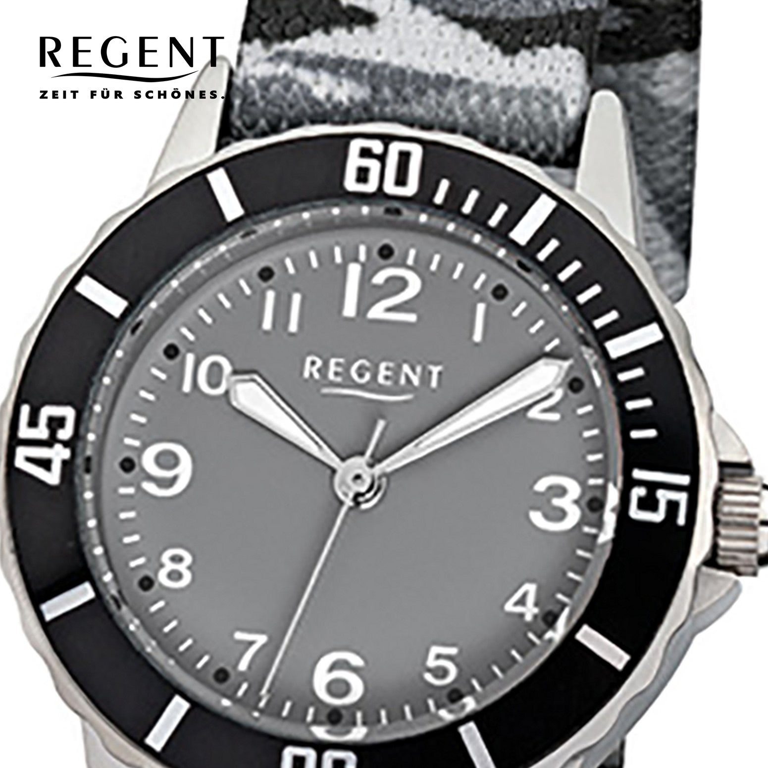 Regent Quarzuhr Regent Kinder-Armbanduhr grau schwarz, (Analoguhr), Kinder Armbanduhr rund, mittel (ca. 32mm), Textilarmband