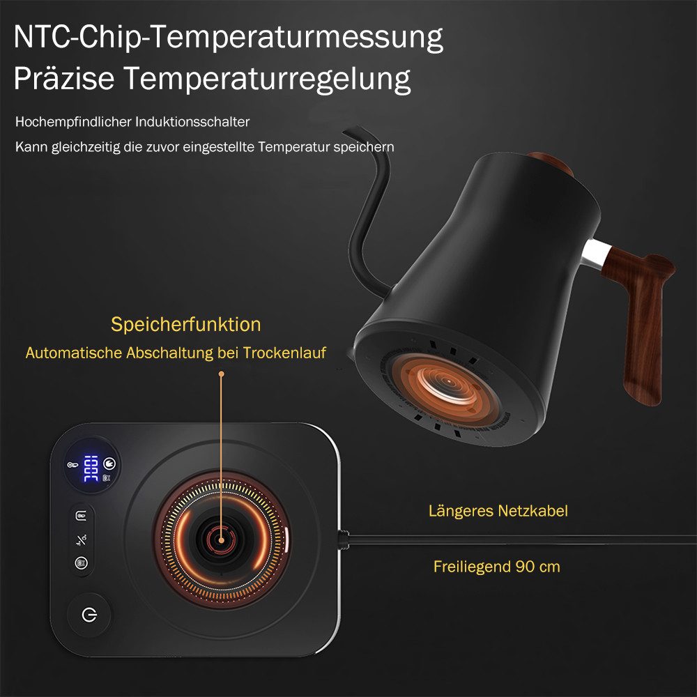 TUWENA Wasserkocher Heißwasserspender mit temperatureinstellung, Schwanenhals wasserkocher, 40-100°C einstellbar & Warmhaltefunktion, 1200W teemaschine, 0.9L – Bild 4 von 5