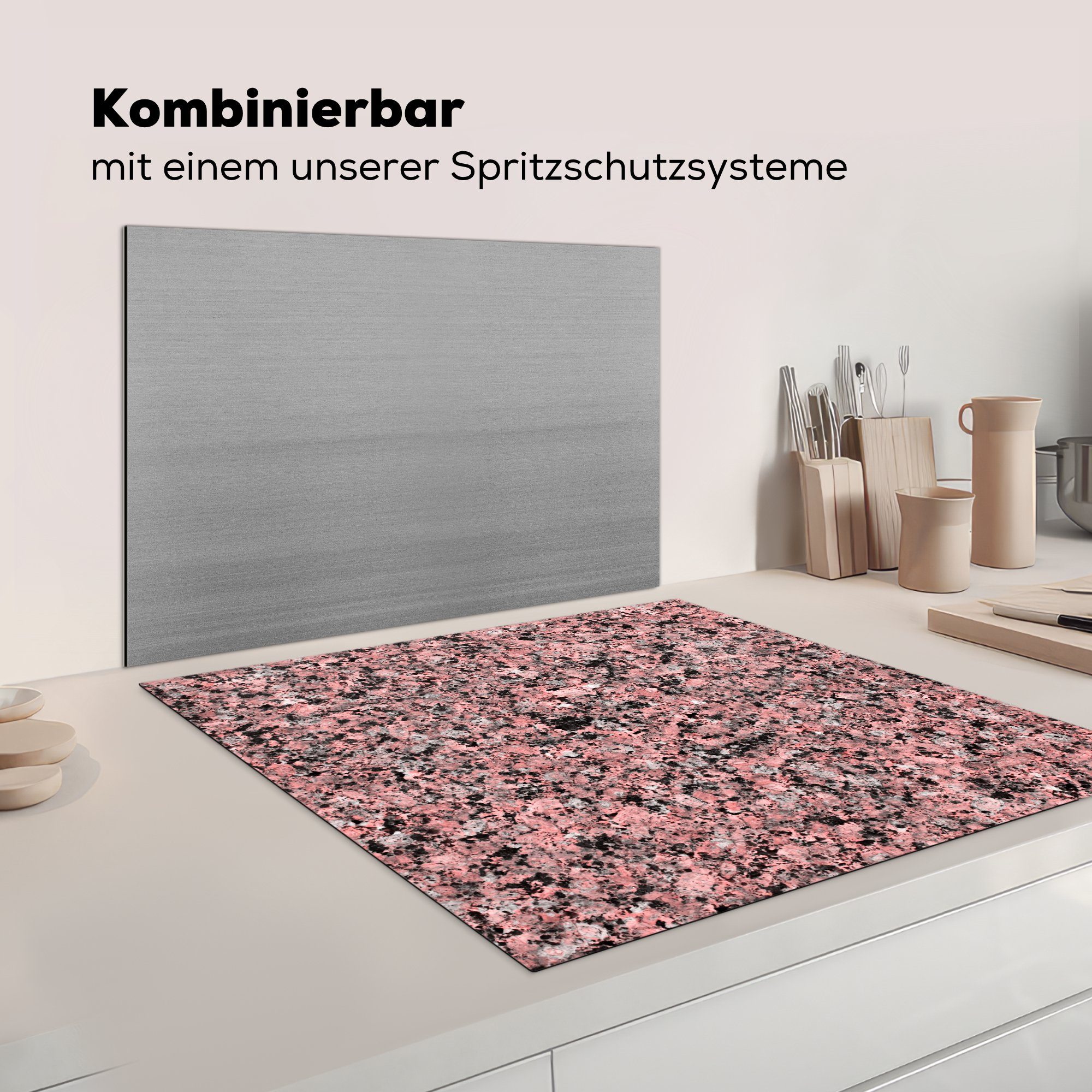 küche - für Schwarz, Ceranfeldabdeckung, Vinyl, - (1 78x78 Arbeitsplatte Herdblende-/Abdeckplatte tlg), cm, Granit - MuchoWow Kieselsteine Rosa