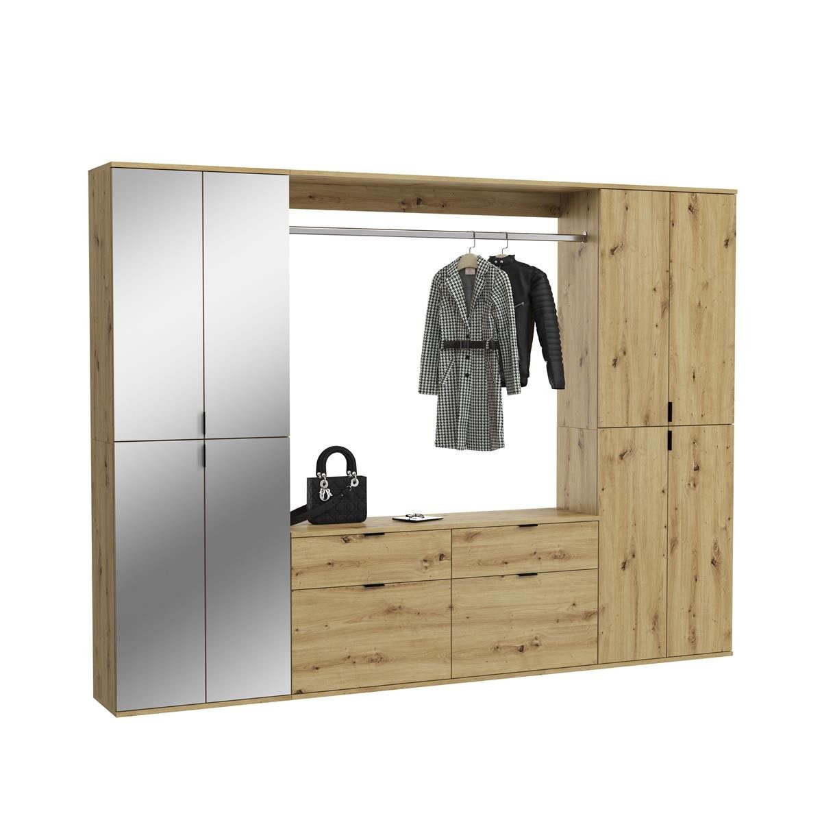 möbelvita Garderoben-Set Vision X Garderobenkombination B/H/T 243x193x34 in Artisan Eiche, (1x Spiegelschrank, 1x Kommode mit Wandboard, 1x Hochschrank)