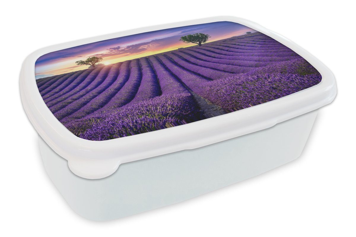 MuchoWow Lunchbox Lavendel - Hügel - Sonnenuntergang - Bpmen - Lila, Kunststoff, (2-tlg), Brotbox für Kinder und Erwachsene, Brotdose, für Jungs und Mädchen weiß