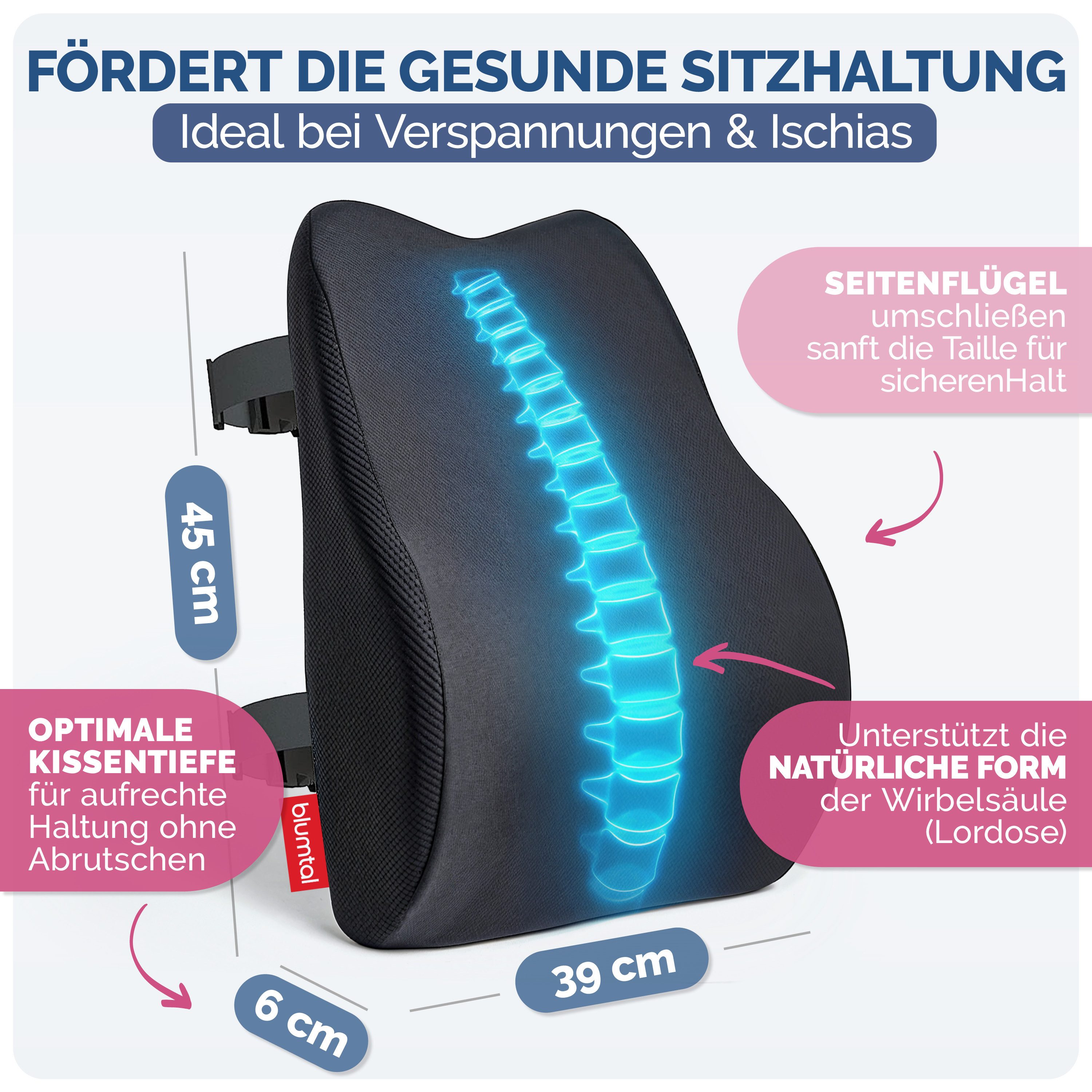 Blumtal Rückenkissen Rückenkissen aus Memory Foam + stützendes Lendenwirbelkissen, OEKO-TEX zertifiziertem Bezug - Rückenstützkissen
