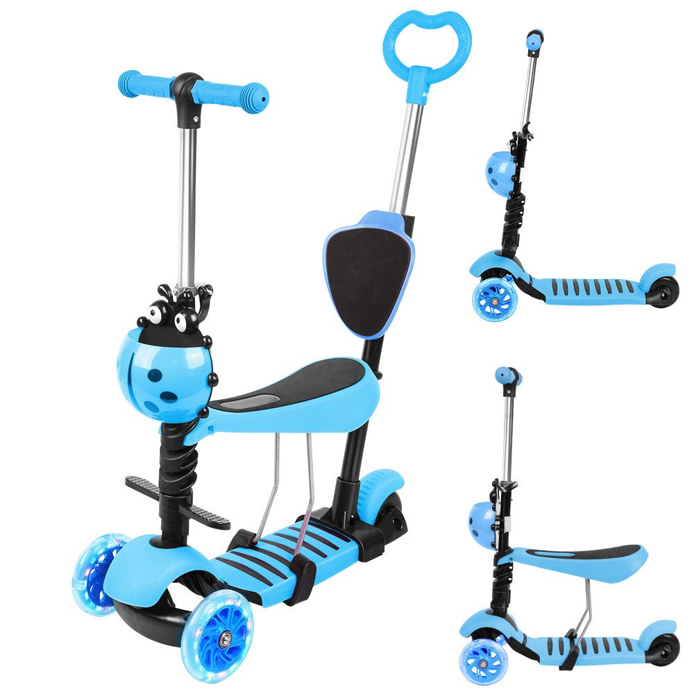 JEOBEST Scooter 3-in-1 Kinderroller mit Rückenlehne & Abnehmbarem Sitz, Höhenverstellbarer 3-Rad-Tretroller ab 2 Jahre