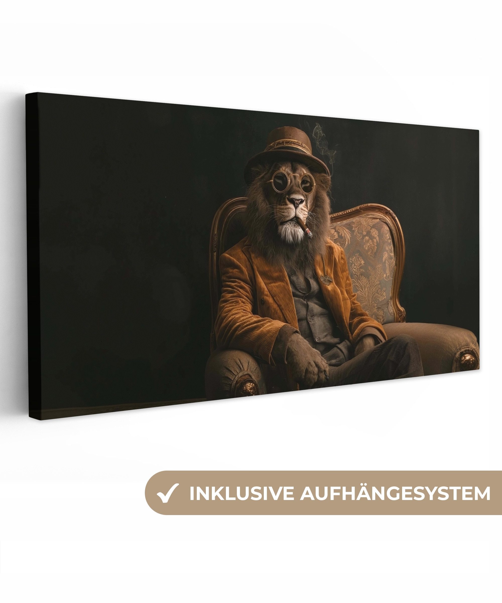 OneMillionCanvasses® Leinwandbild Panorama Brille - Löwe - Bank - Hut, Fotodruck (1 St), Wandbild, Deko Schlafzimmer Wohnzimmer Flur 40x20 cm