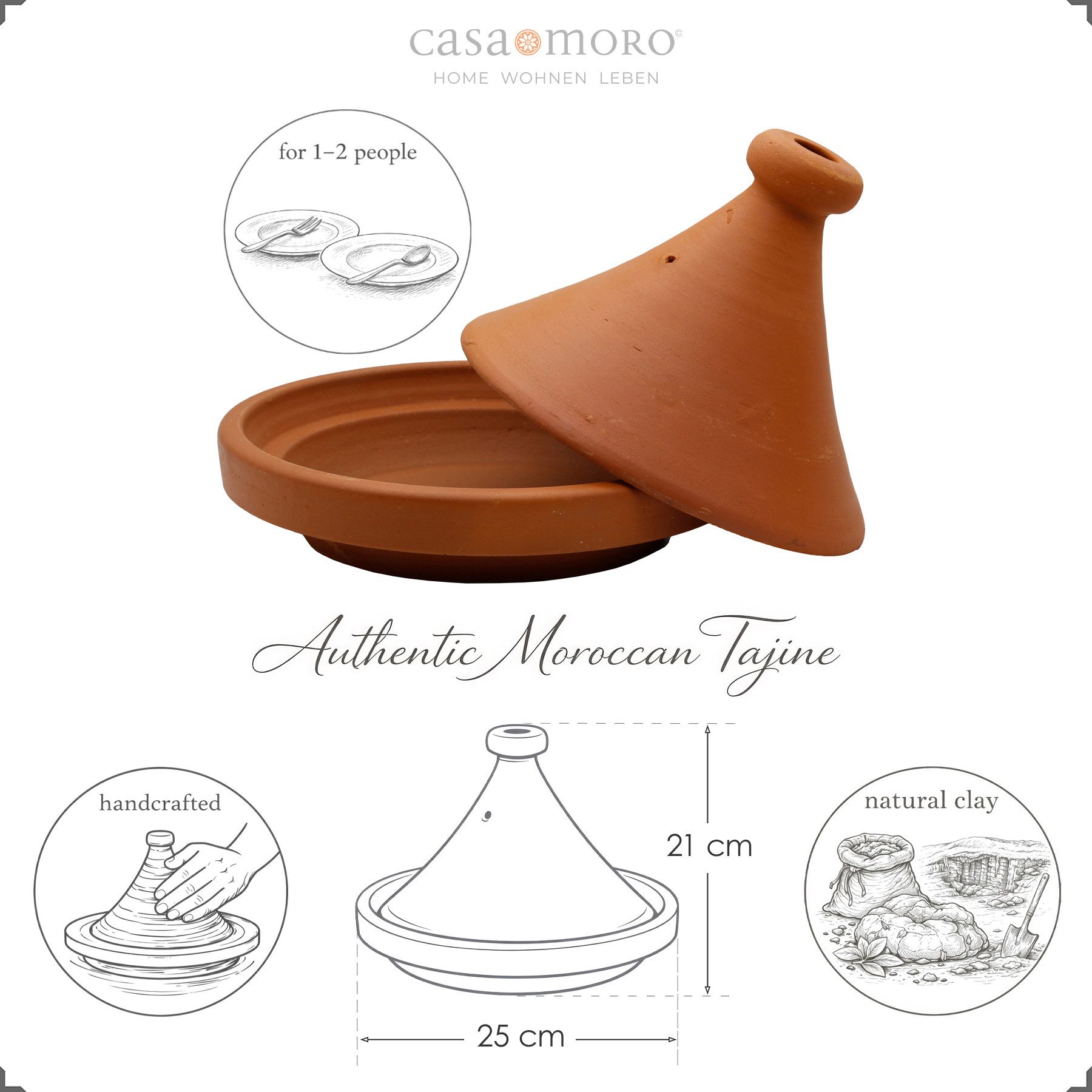 Casa Moro Schmortopf Tajine Kochtopf 25 cm – Authentische Ton Tagine aus Marokko, Ton, aus naturbelassener Lehmerde (Tagine Gartopf, 2-tlg., Berber Tontopf Handmade), handgetöpfert aus Marrakesch, für 1–2 Personen