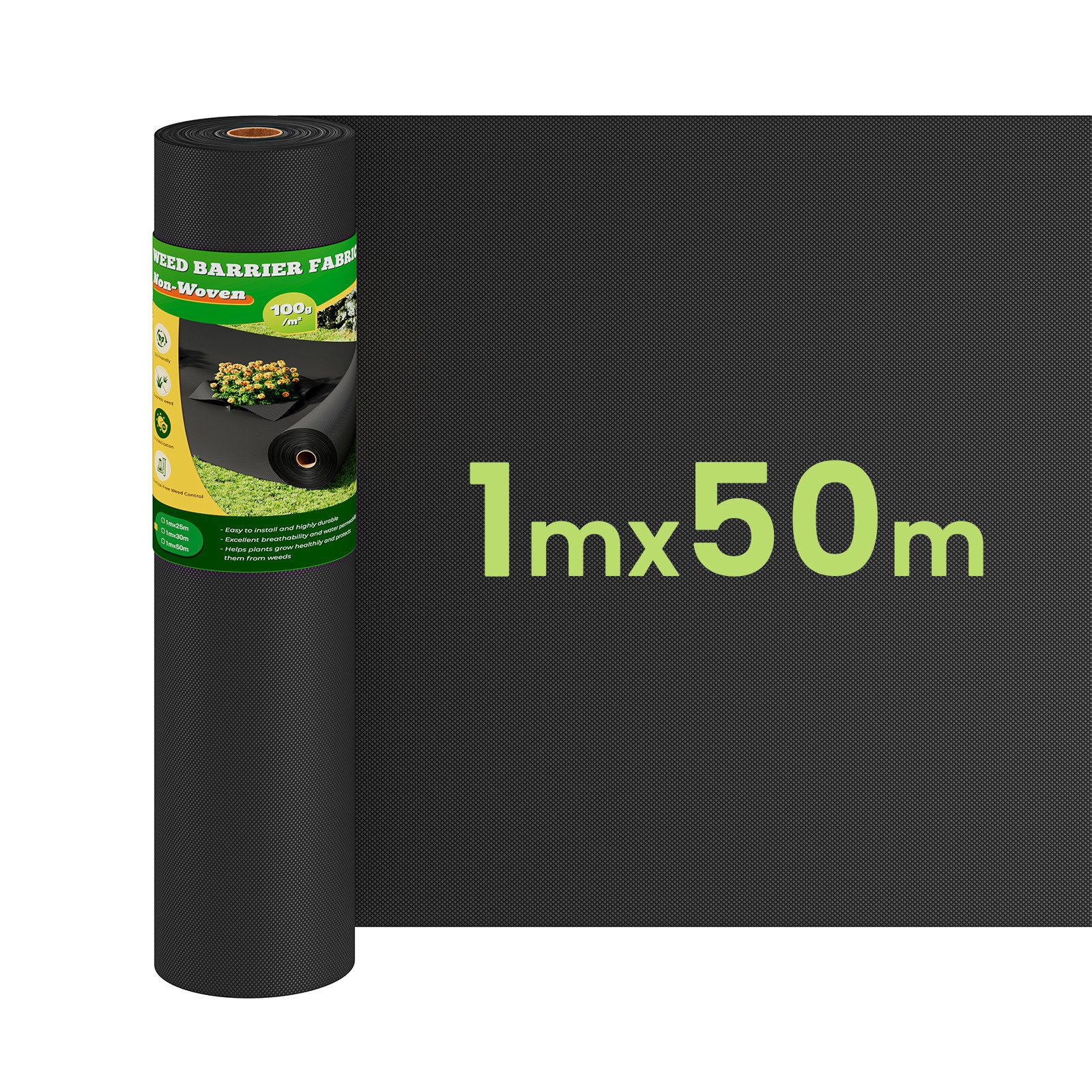 OUNUO Unkrautvlies Rolle Unkrautfolie gegen Unkraut Reißfestes 100g/m², 1mx50m