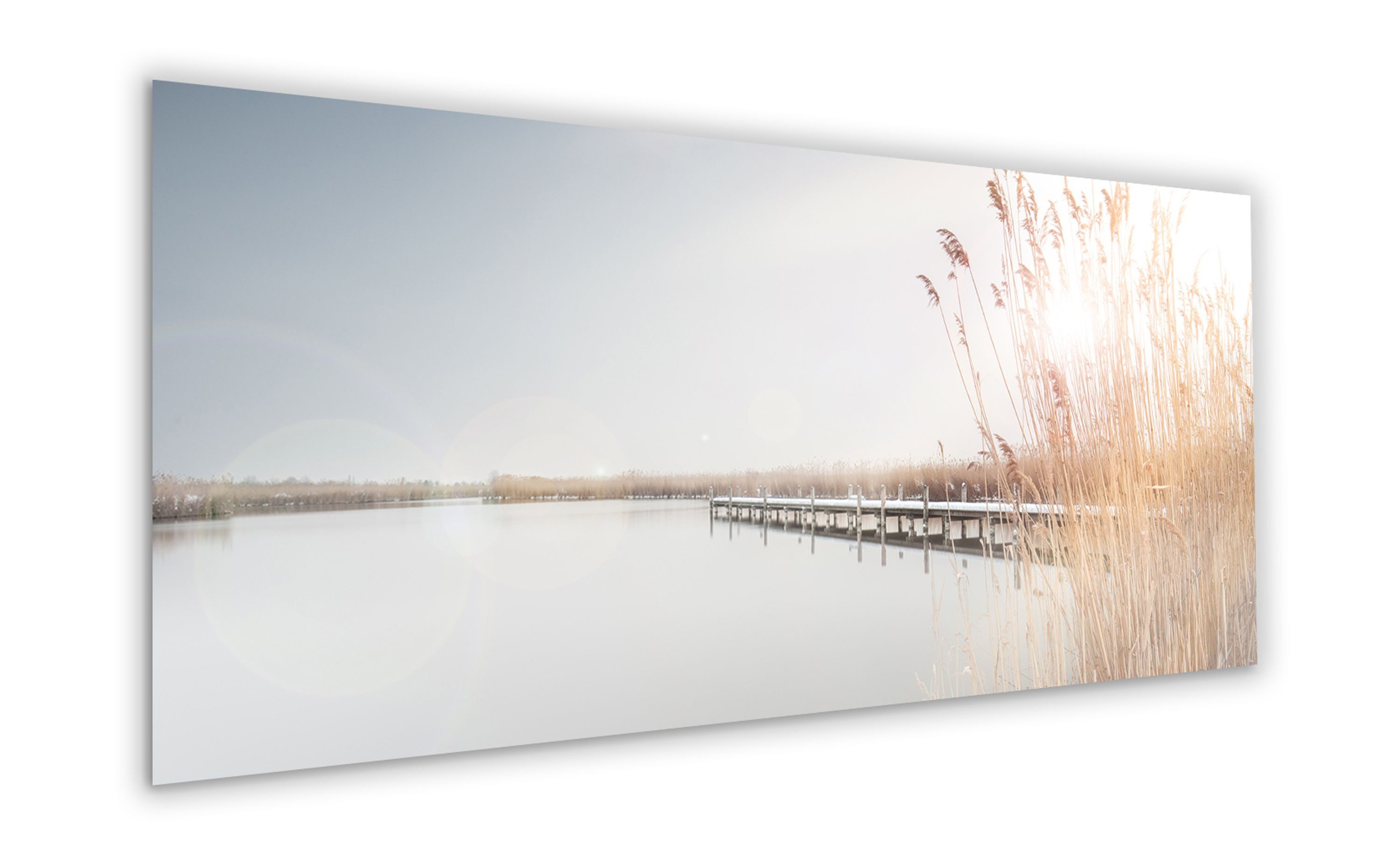 artissimo Glasbild XXL Bild aus Glas 125x50 cm / Panorama Wandbild groß / Wanddeko modern, Landschaft und Natur: Steg am See in Beige