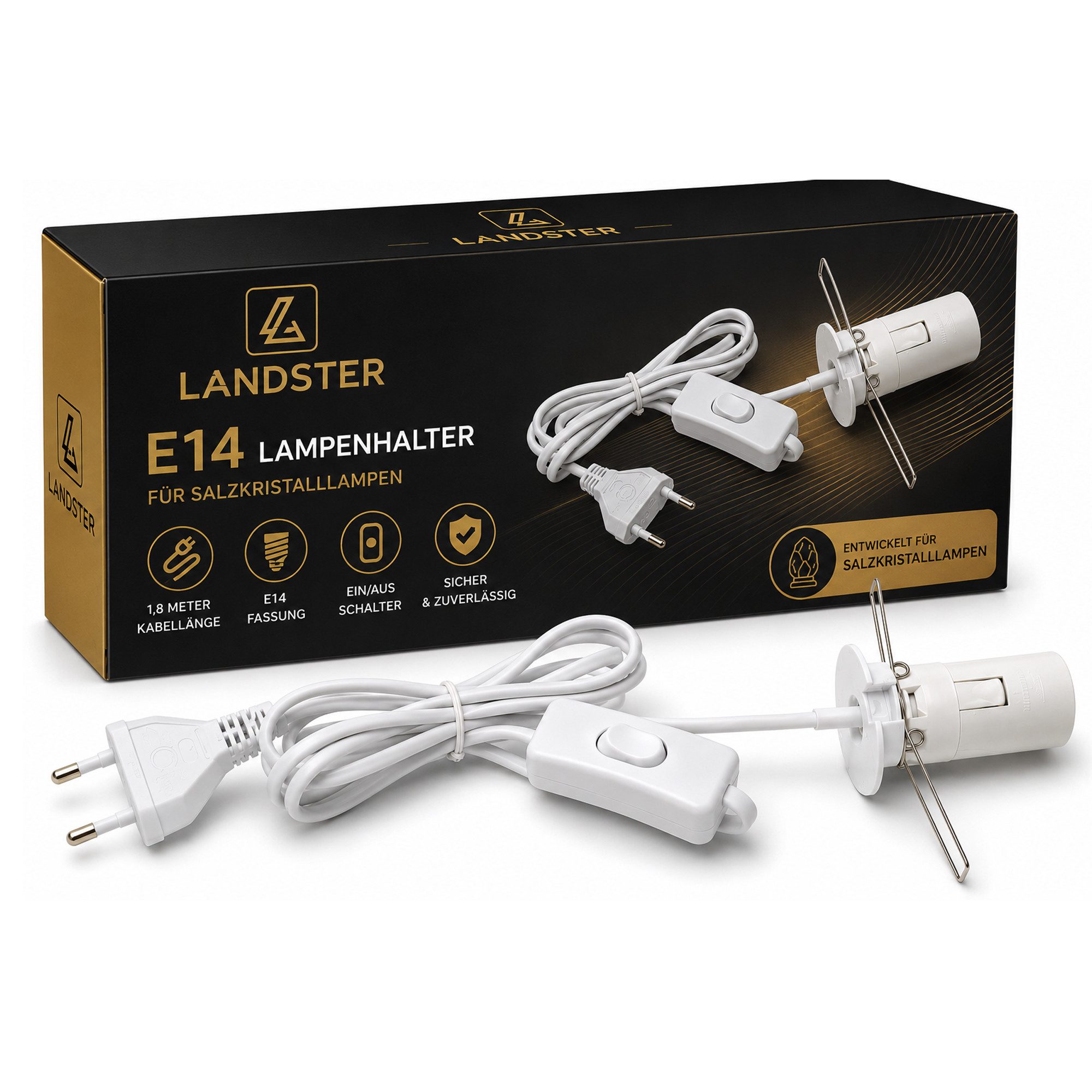 Landster Lampenfassung E14 Ersatzkabel für Salzlampe mit Schalter 1,8 M, Passend für LED oder Glühbirne