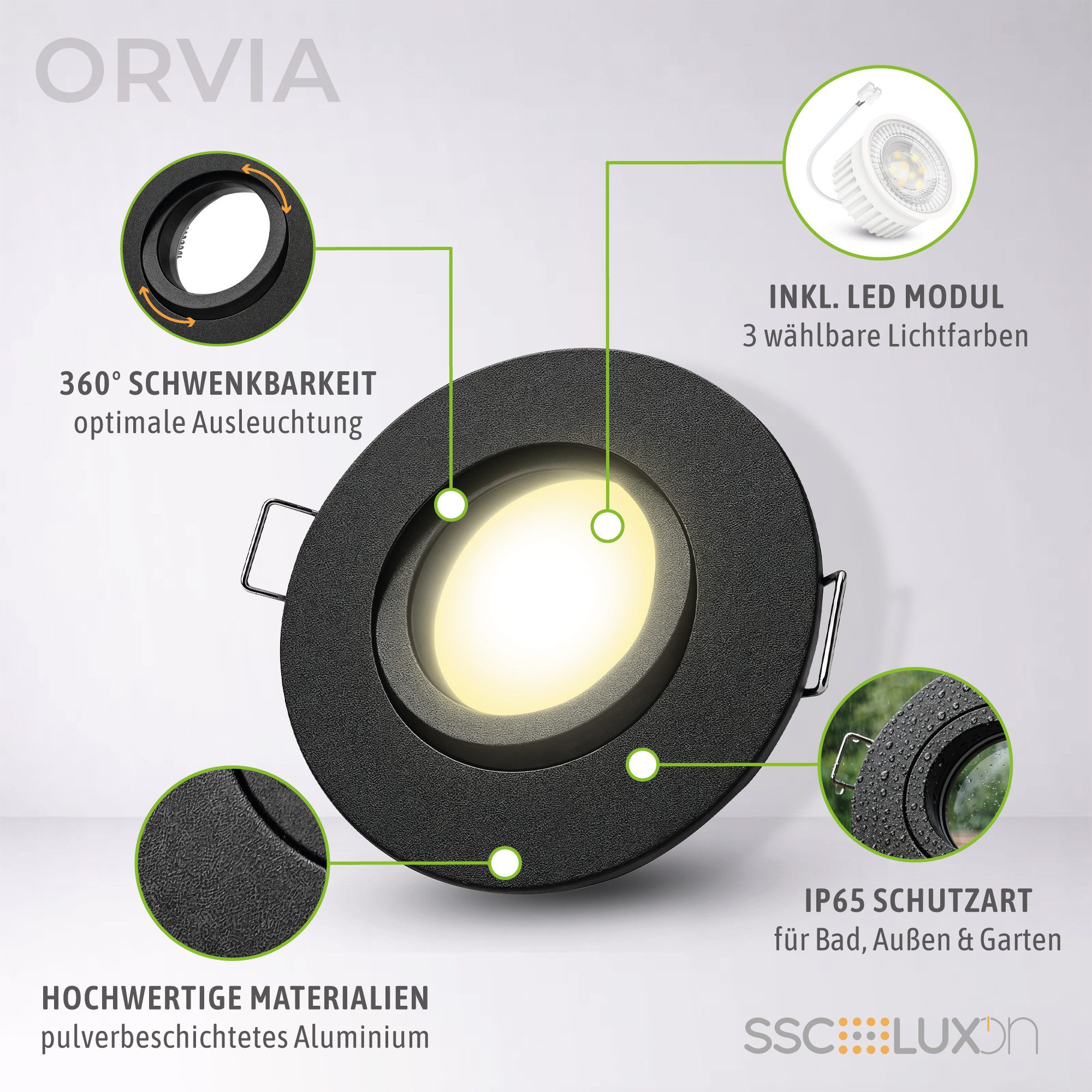 SSC-LUXon LED Außen-Deckenleuchte ORVIA Deckenspot IP65 Außen schwenkbar LumiFLEX Birne 4W 3 Lichtmodi, Neutralweiß, Warmweiß, Tageslichtweiß