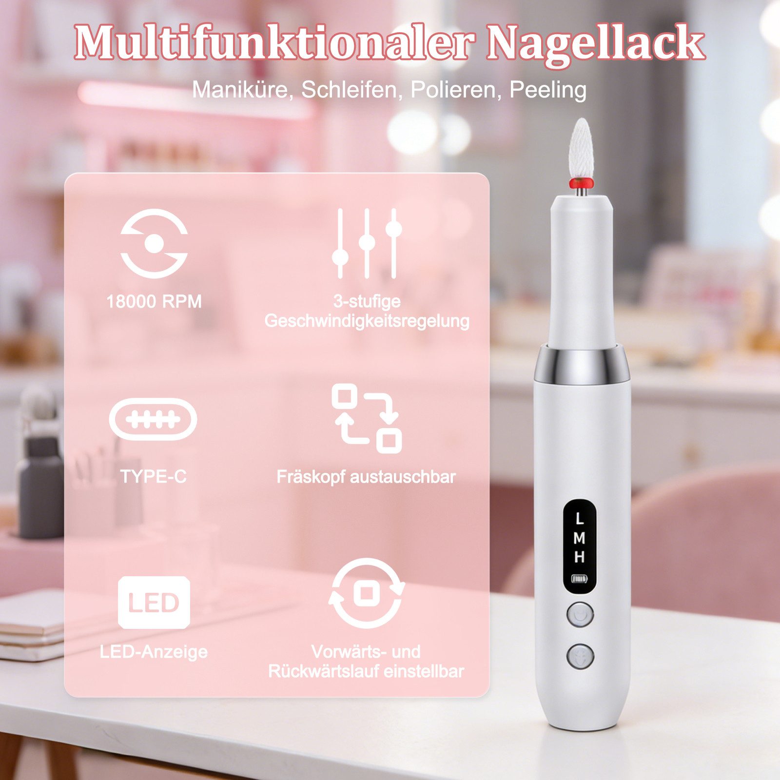 inschimmer Maniküre-Pediküre-Set Nagelfräser Kabellos Elektrische Nagelfeile für Gelnägel Acrylnägel