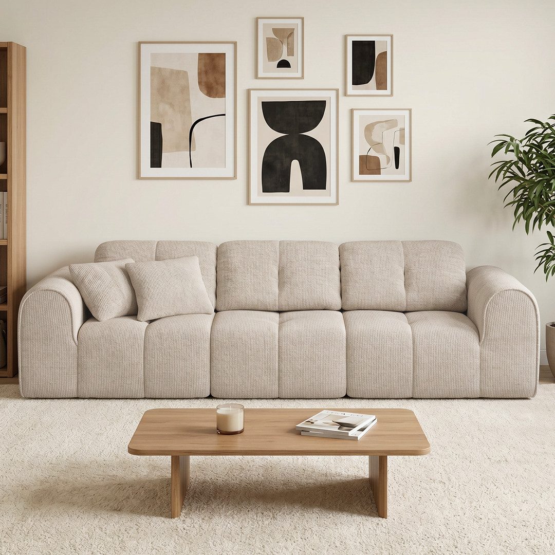 skølm Sofa Vanaheim, Vollschaumcouch vakuumiert verpackt, Couch 3 Sitzer mit 2 Kissen, beige, kein Aufbau erforderlich