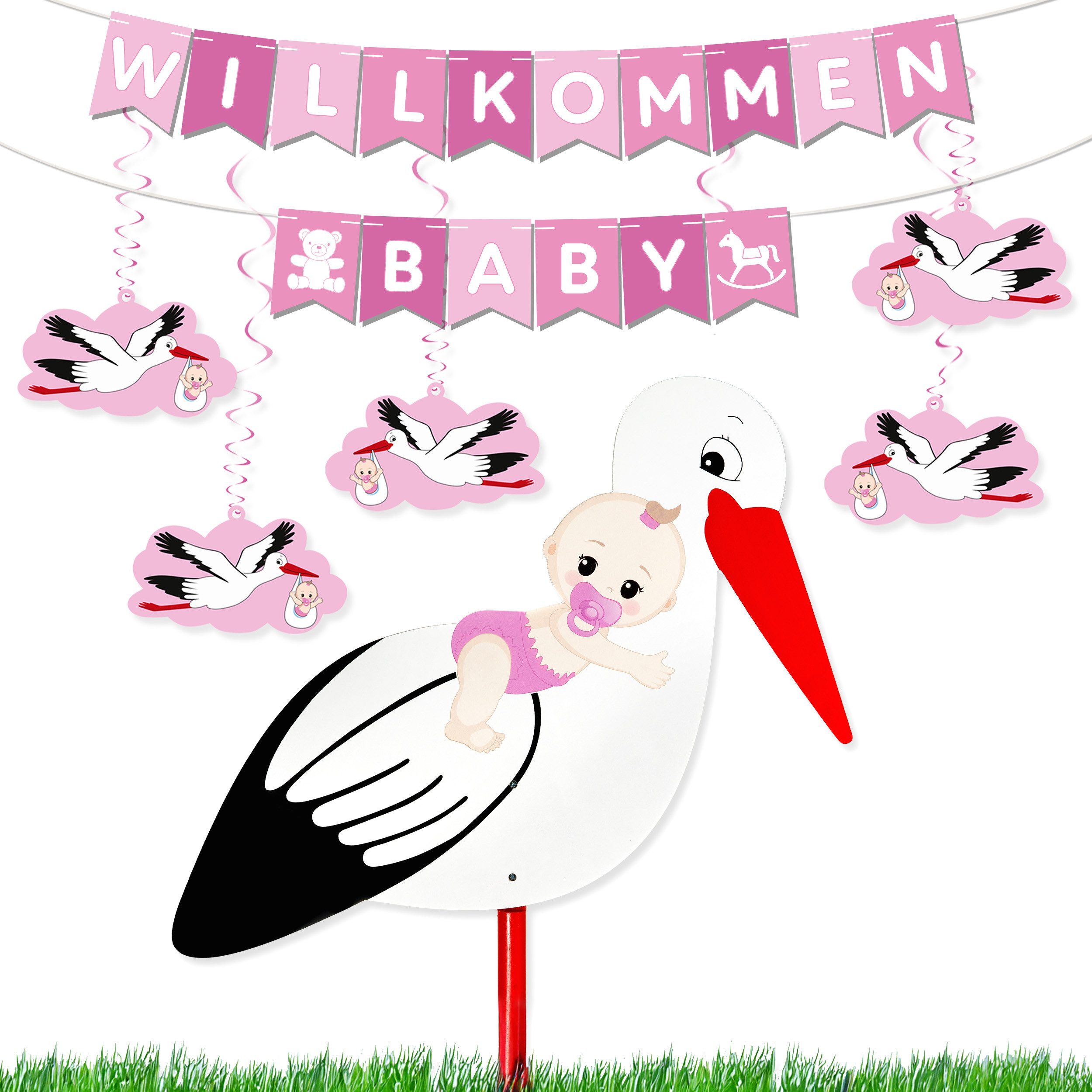 Girlande Willkommen Baby Girlande + Großer Storch aus Holz für Jungen & Mädchen