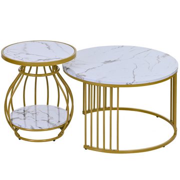 EXTSUD Couchtisch Couchtisch 2erSet rund mit Metallgestell Beistelltisch Weißgold Marmor, Beistelltisch mit Metallrahmen, moderner verschachtelter Tisch