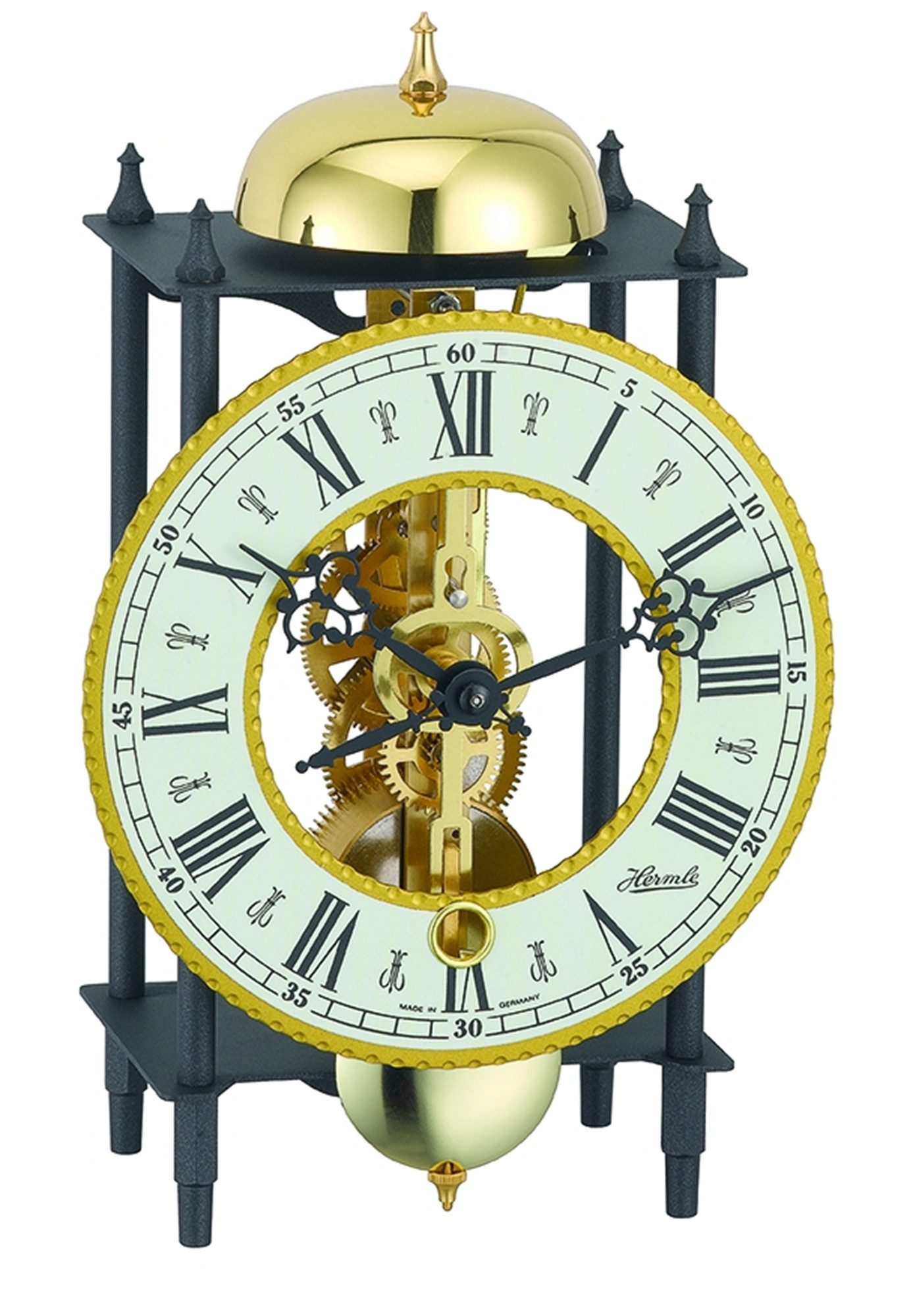 Hermle Pendeltischuhr mechanisch mit Stabpendelwerk mit Stundenschlag auf Glocke offenes, sichtbares Uhrwerk