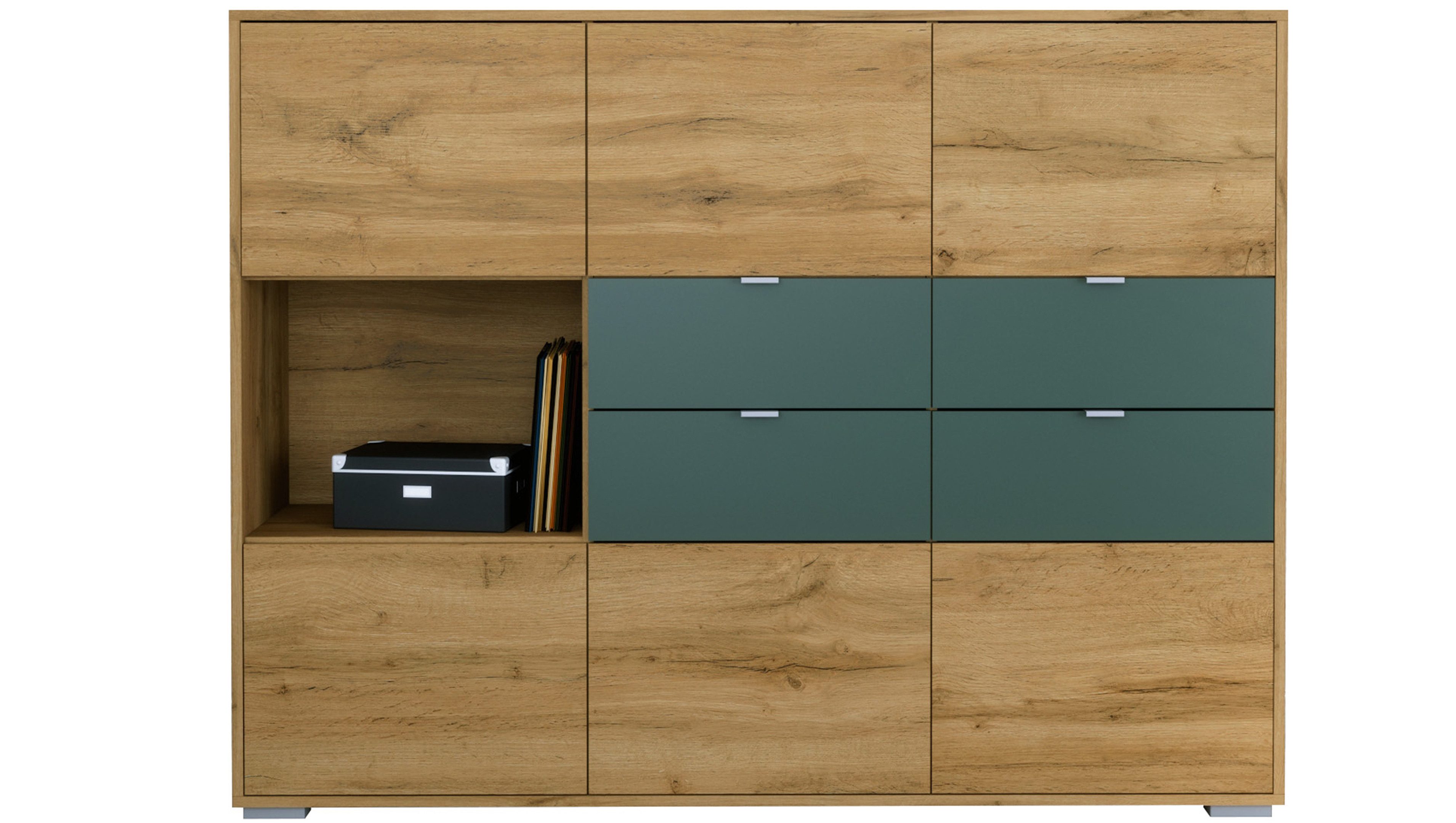 Vladon Highboard Milano (Highboard mit 6 Türen Eiche Evoke, 4 Schubladen Fjord Grün, Made in Germany), Korpus Eiche Evoke (152,5 x 118 x 37 cm)