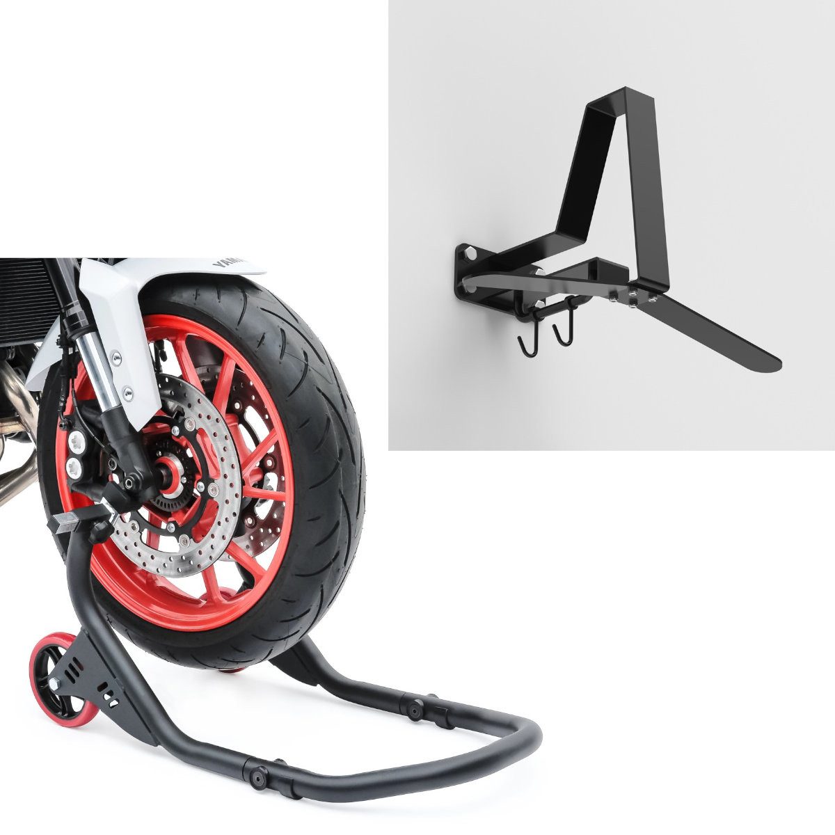 ConStands Motorradheber Set: Vorderrad Montageständer Falcone-2 mit L-Aufnahme # mit Garderobe